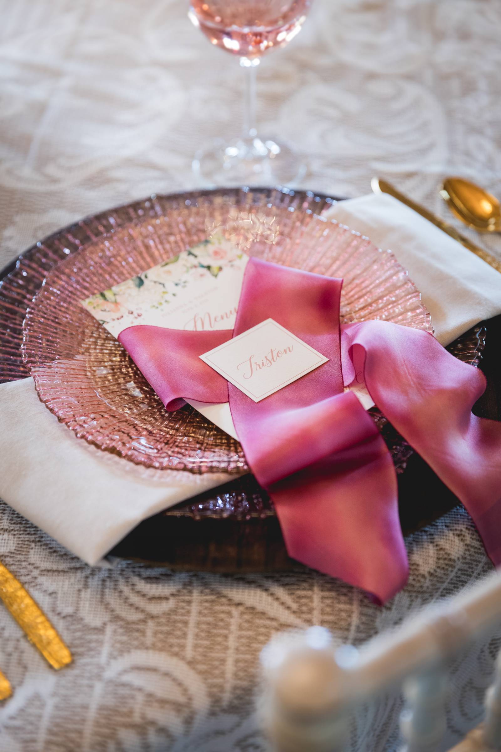 blush pink ribbon table settings menu