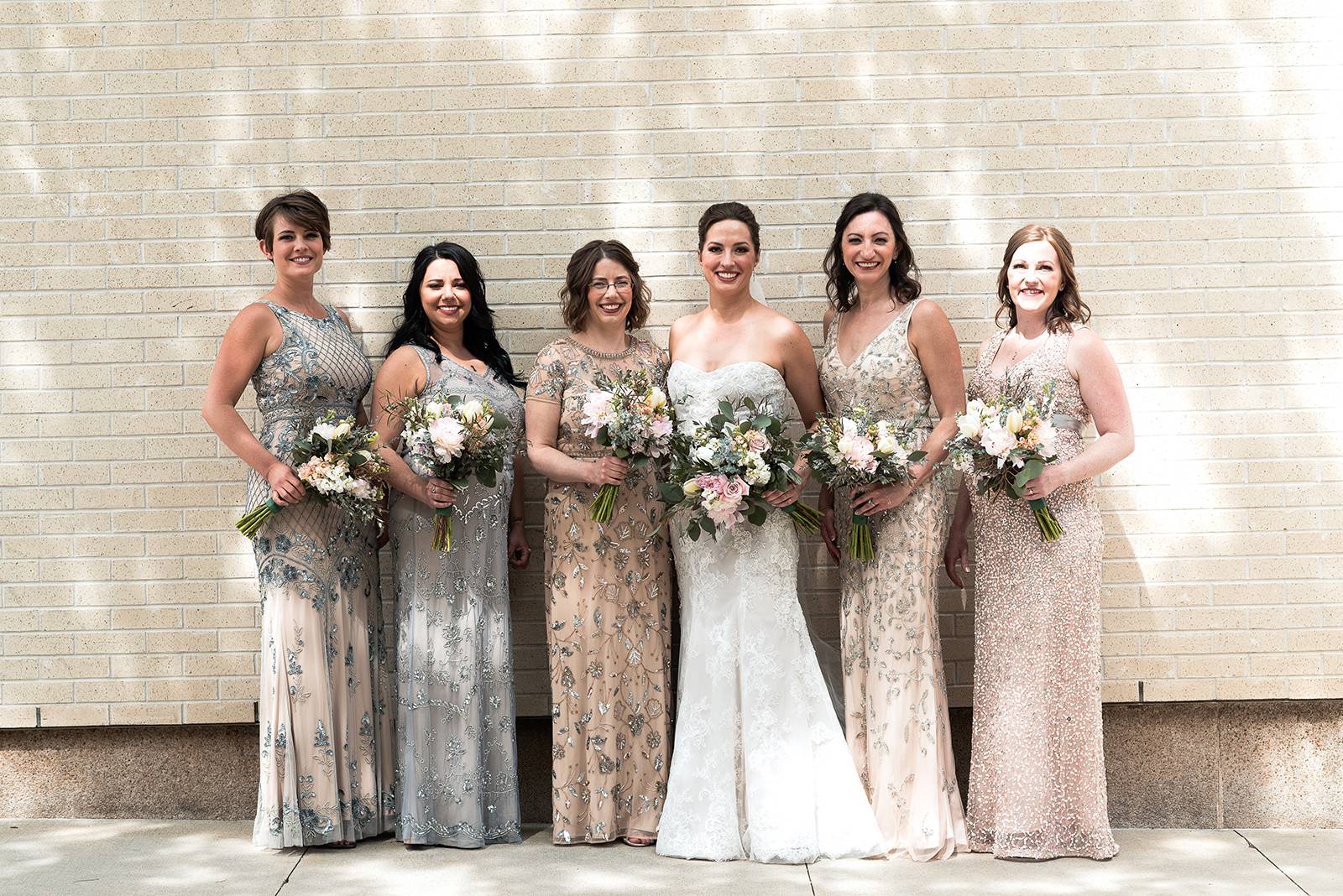 blush neutral embellished metallic sequin bridesmaid dresses