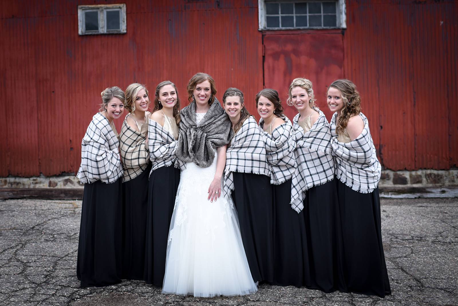 bride, bridesmaids, fur wrap