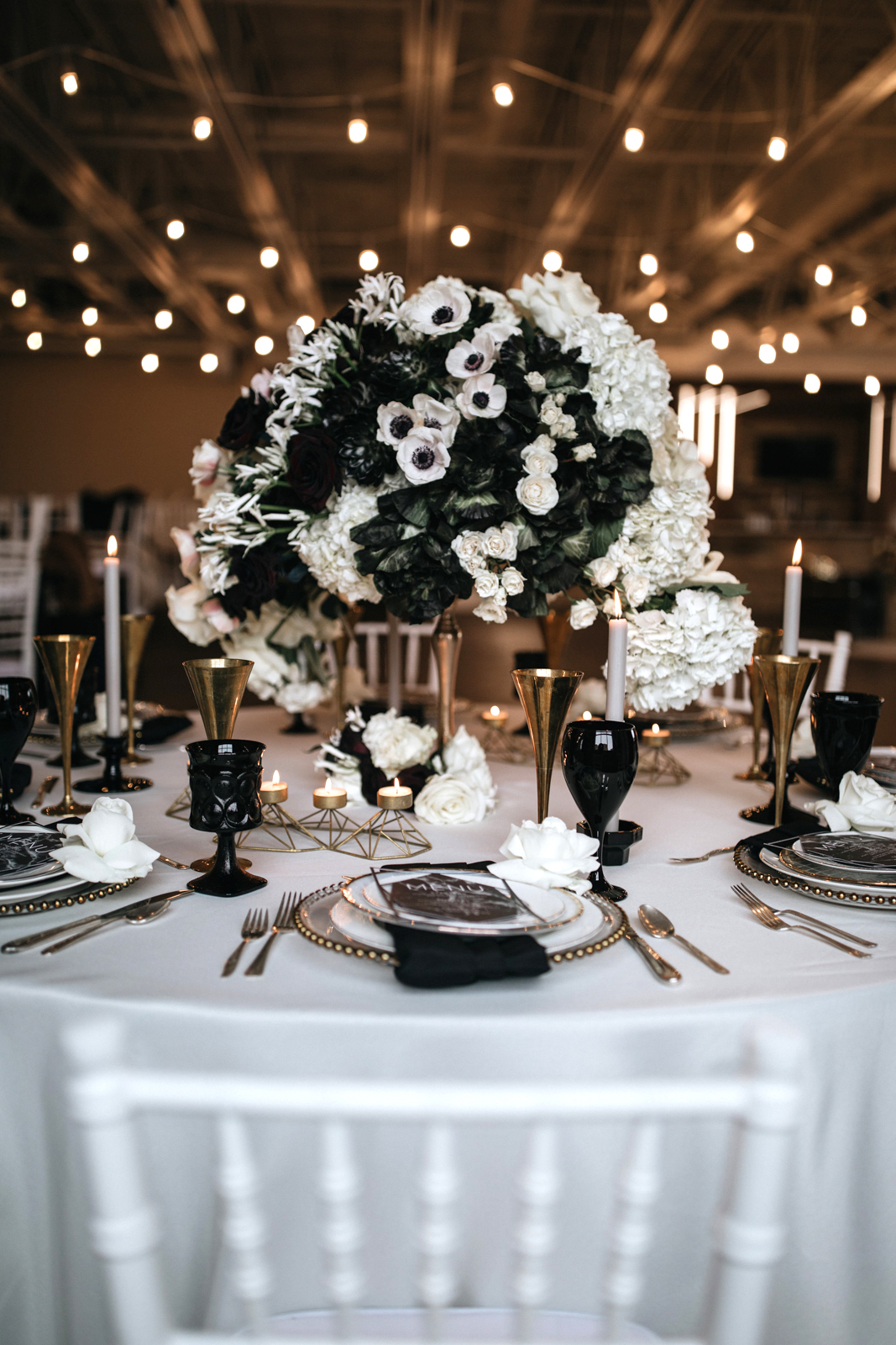 Black white and gold wedding reception hotsell