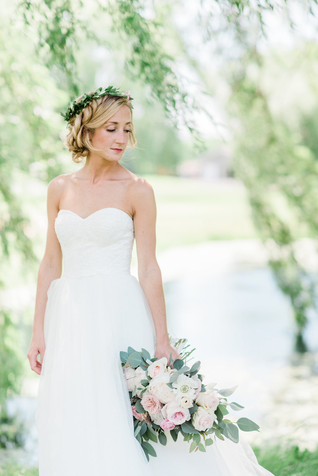 bride, wedding gown, bouquet, hair laurel