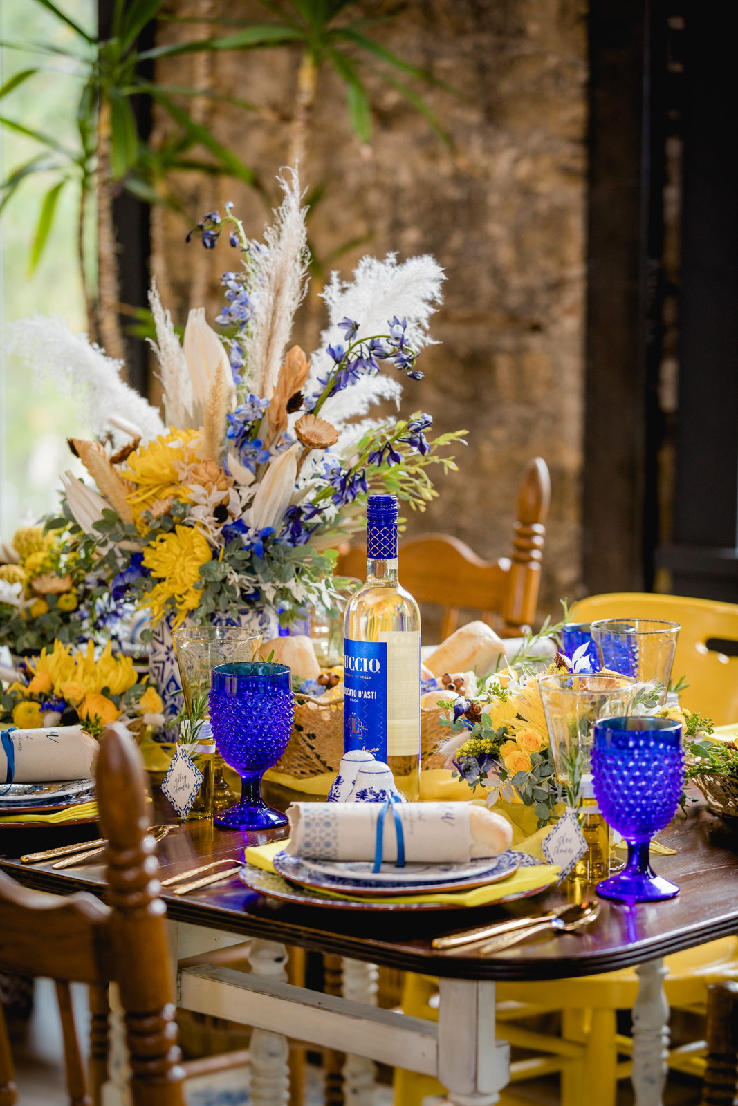 blue and yellow wedding decor