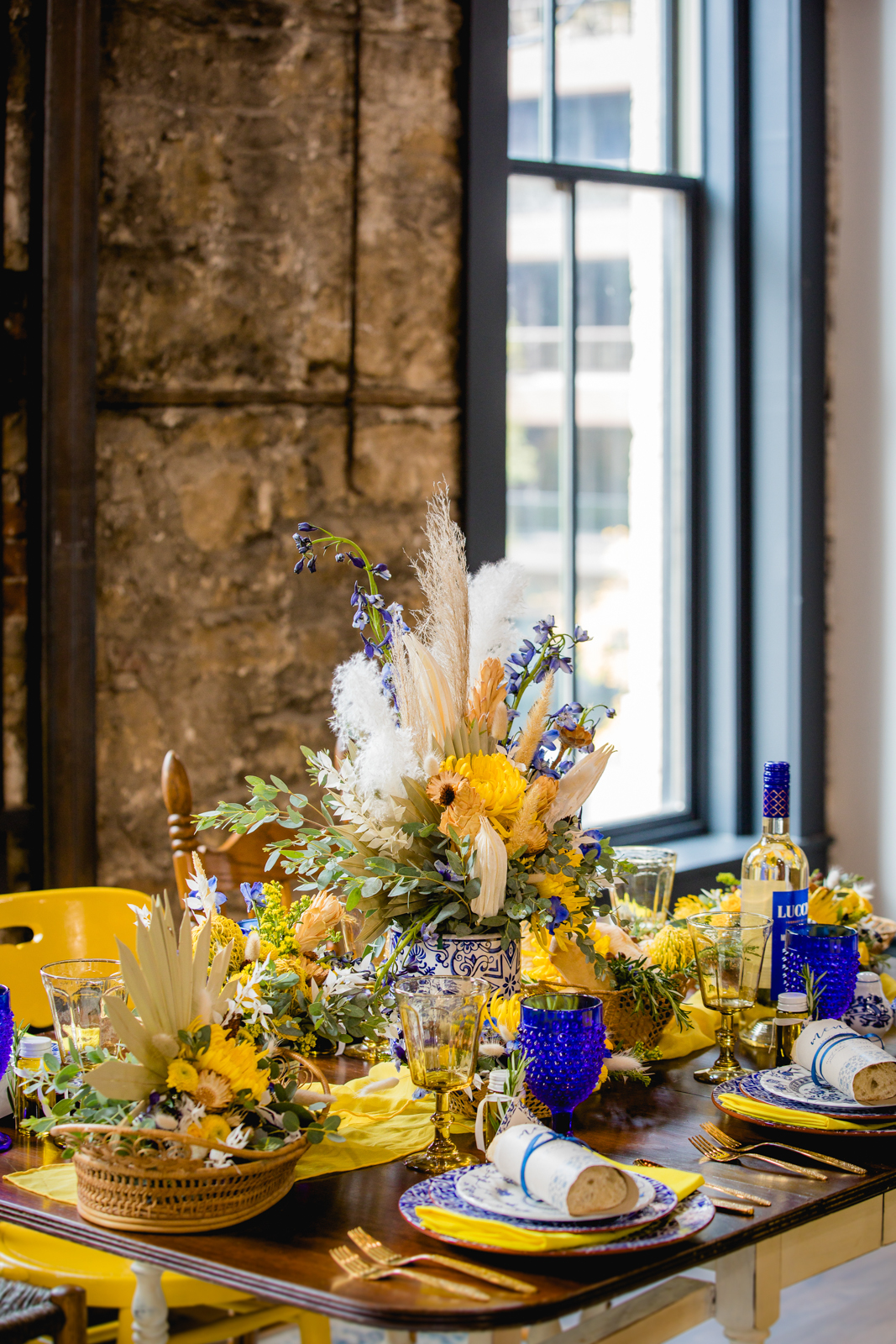 blue and yellow wedding decor