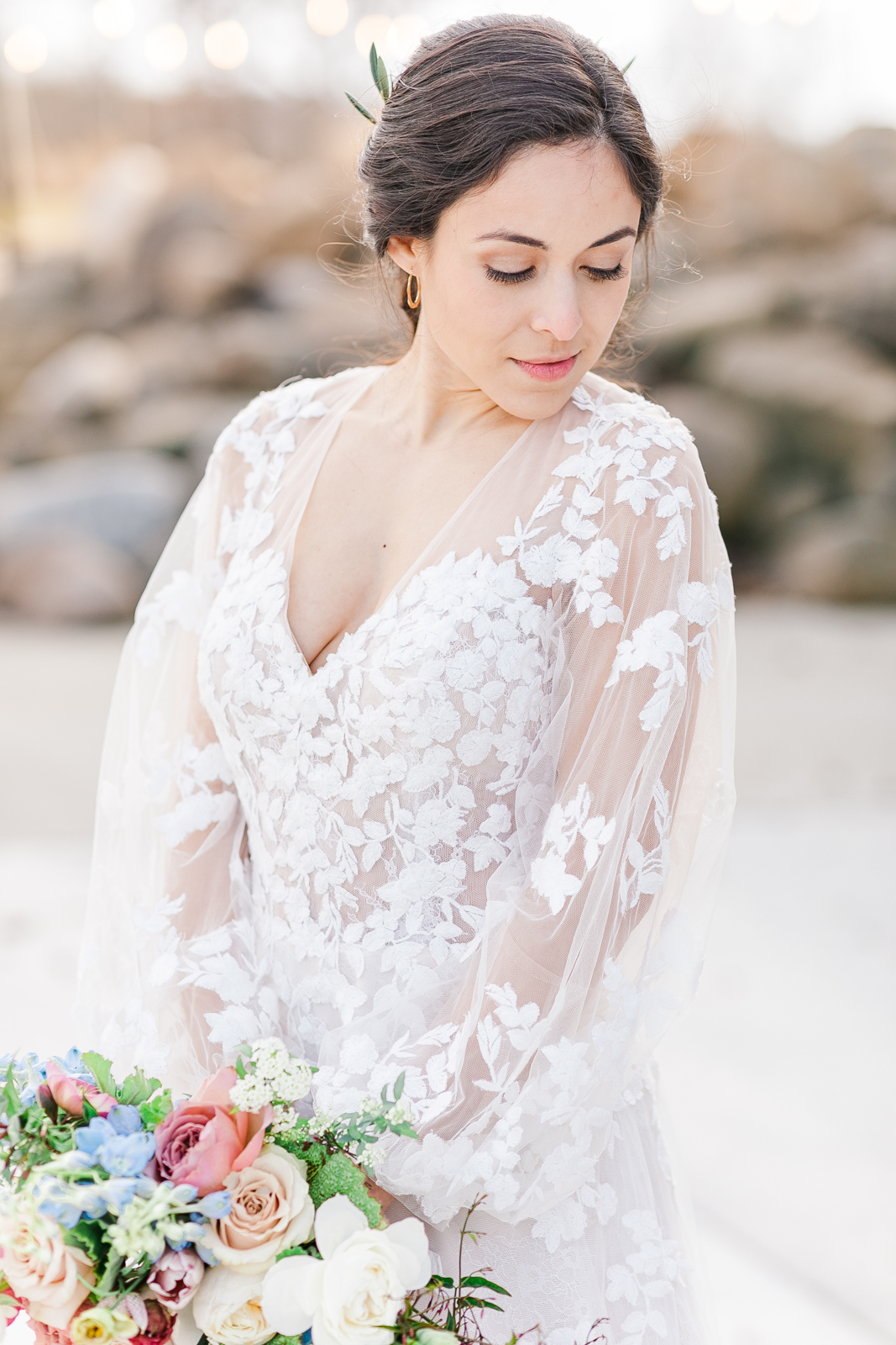 Floral Lace V-neck Balloon Sleeve Gown
