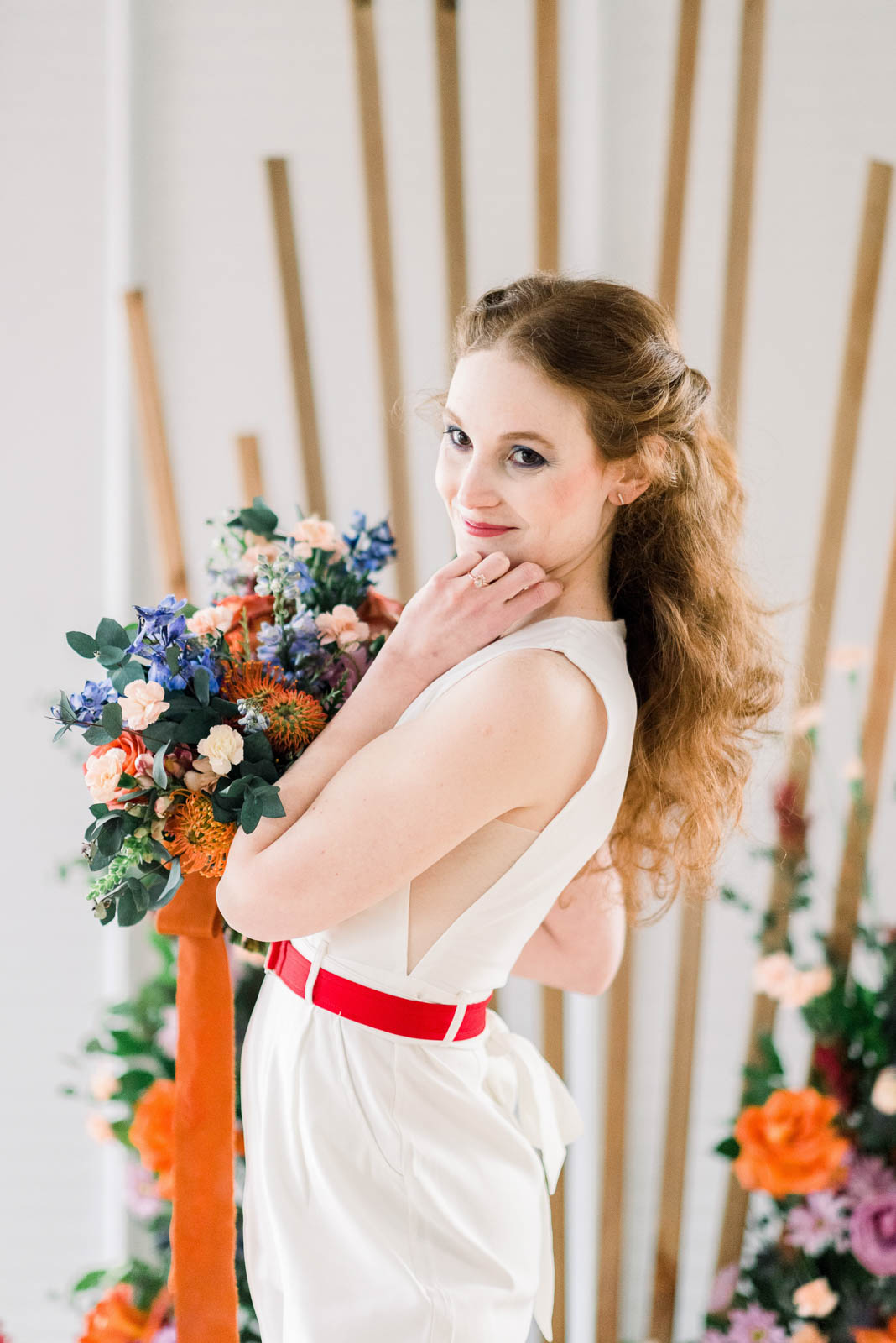 White Bridal Jumpsuit with Red Belt