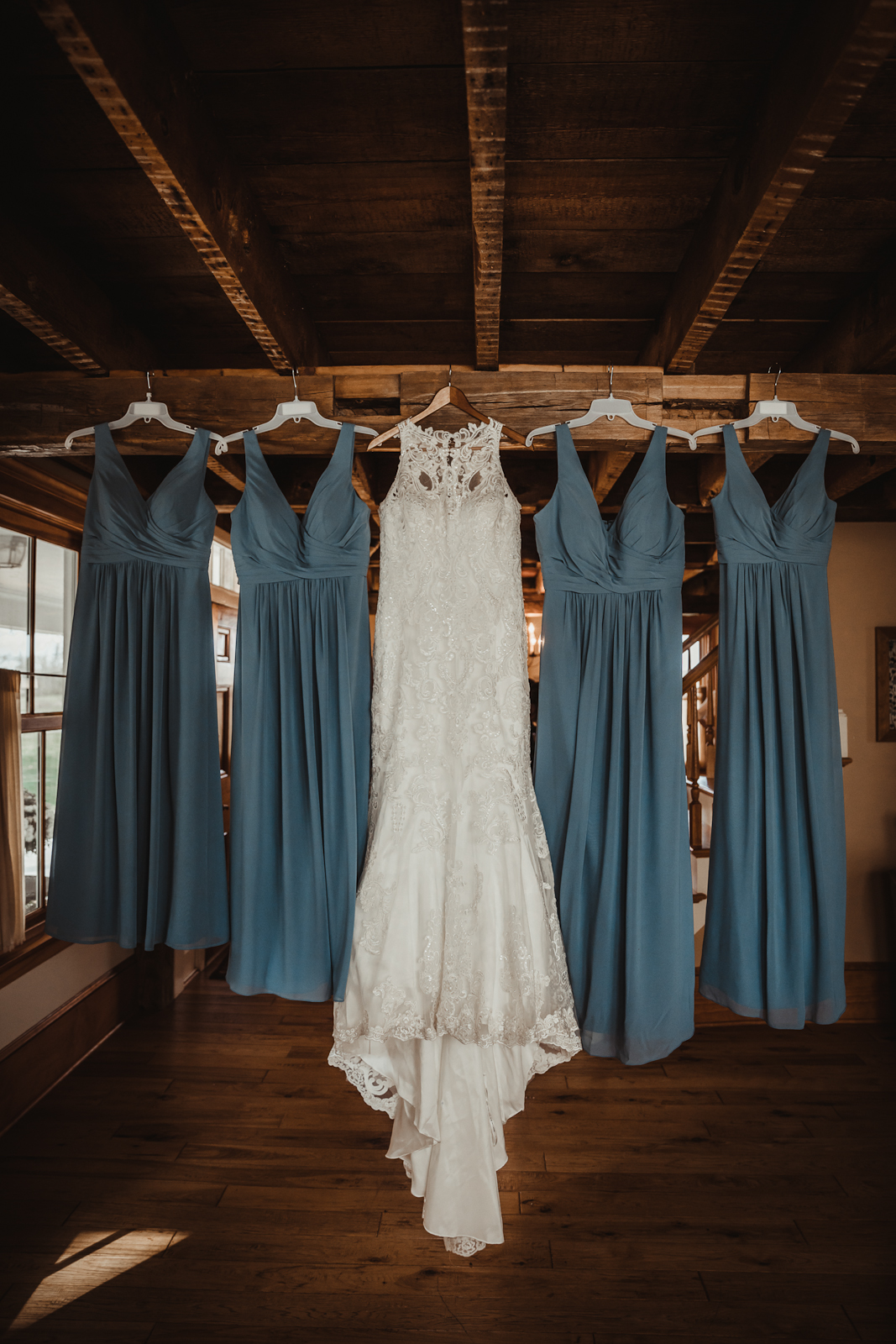 Wedding Dress and Blue Bridesmaids Dresses