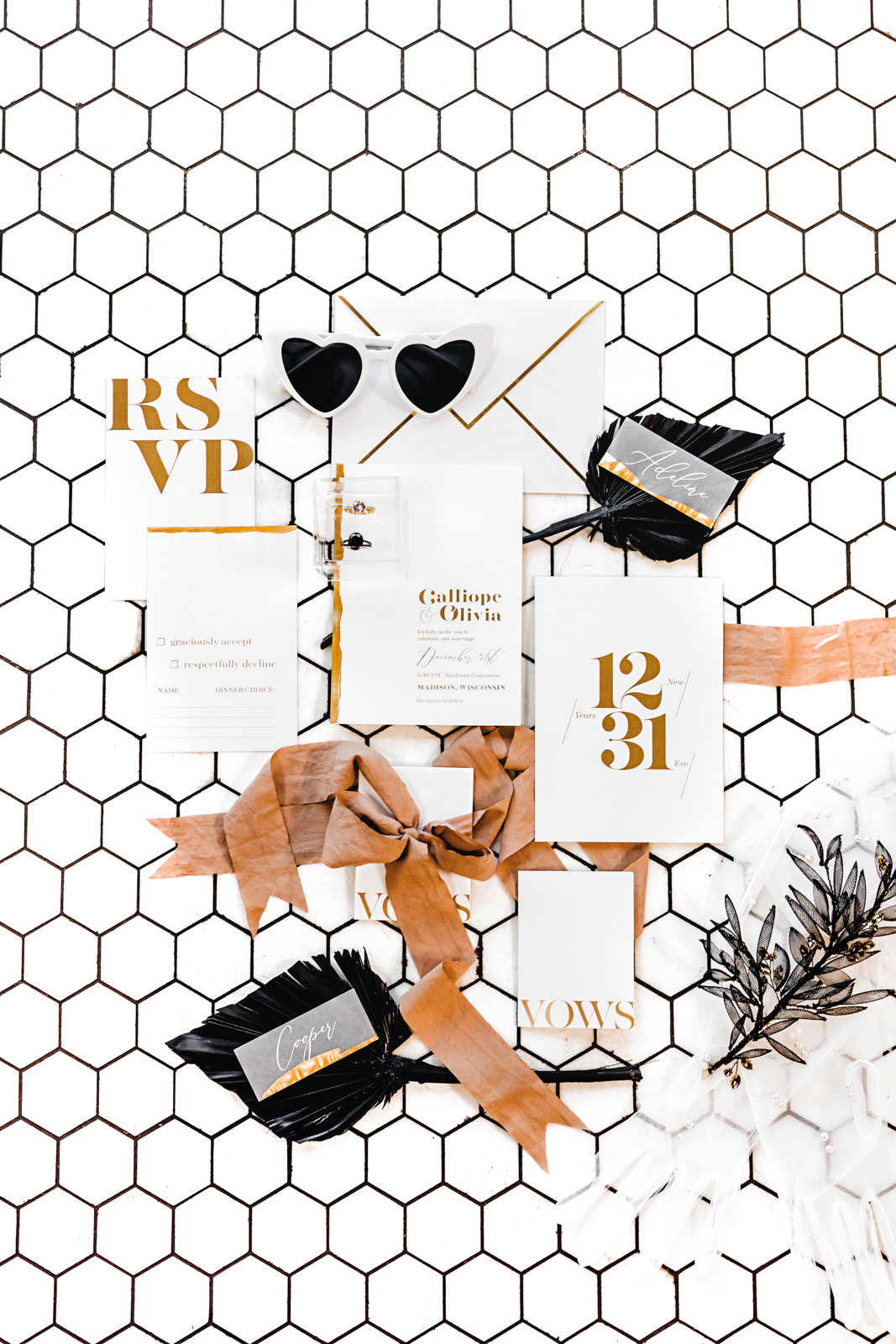 Hotel Glam Inspired Wedding Stationary Flat Lay