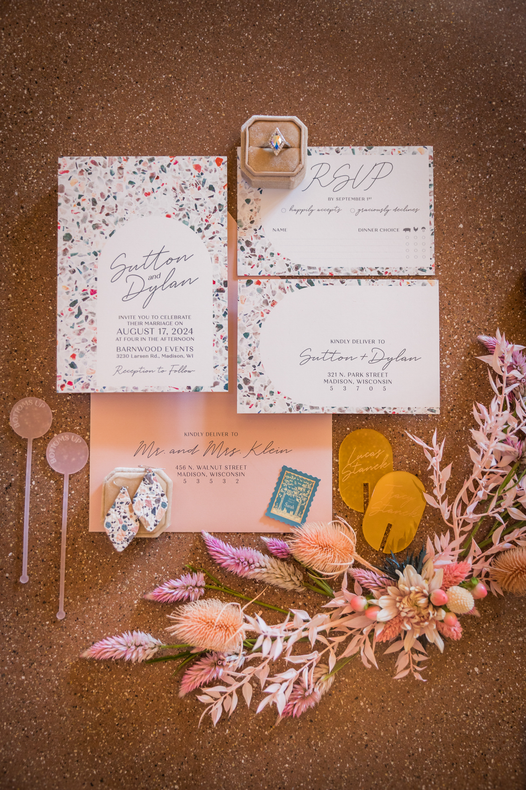 Terrazzo Inspired Wedding Stationary Flat Lay