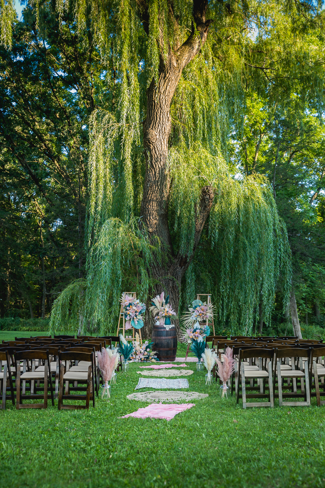Outdoor Whimsical Willow Tree Ceremony Backdrop
