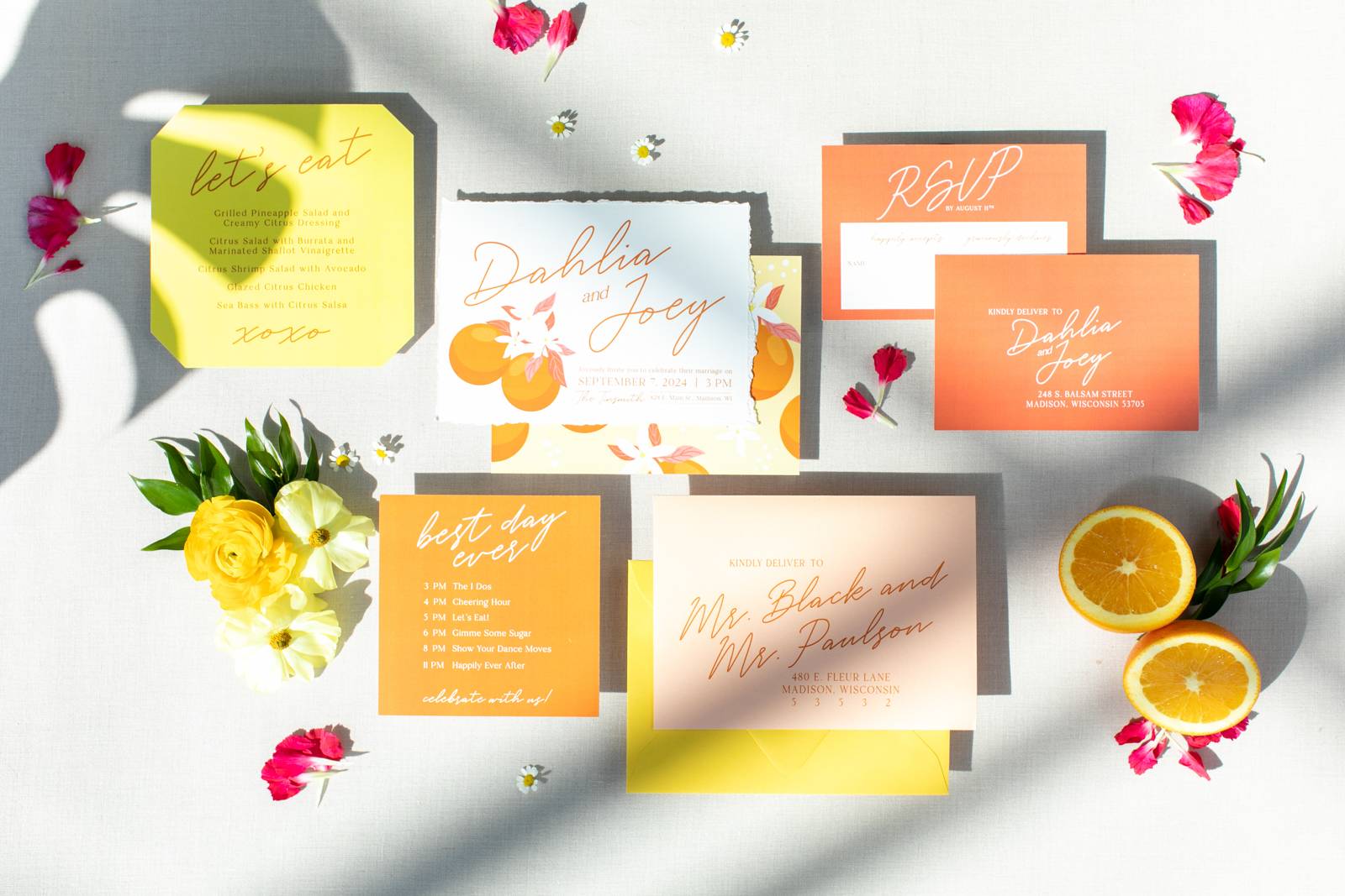 Citrus Inspired Modern Wedding Stationary Flat Lay