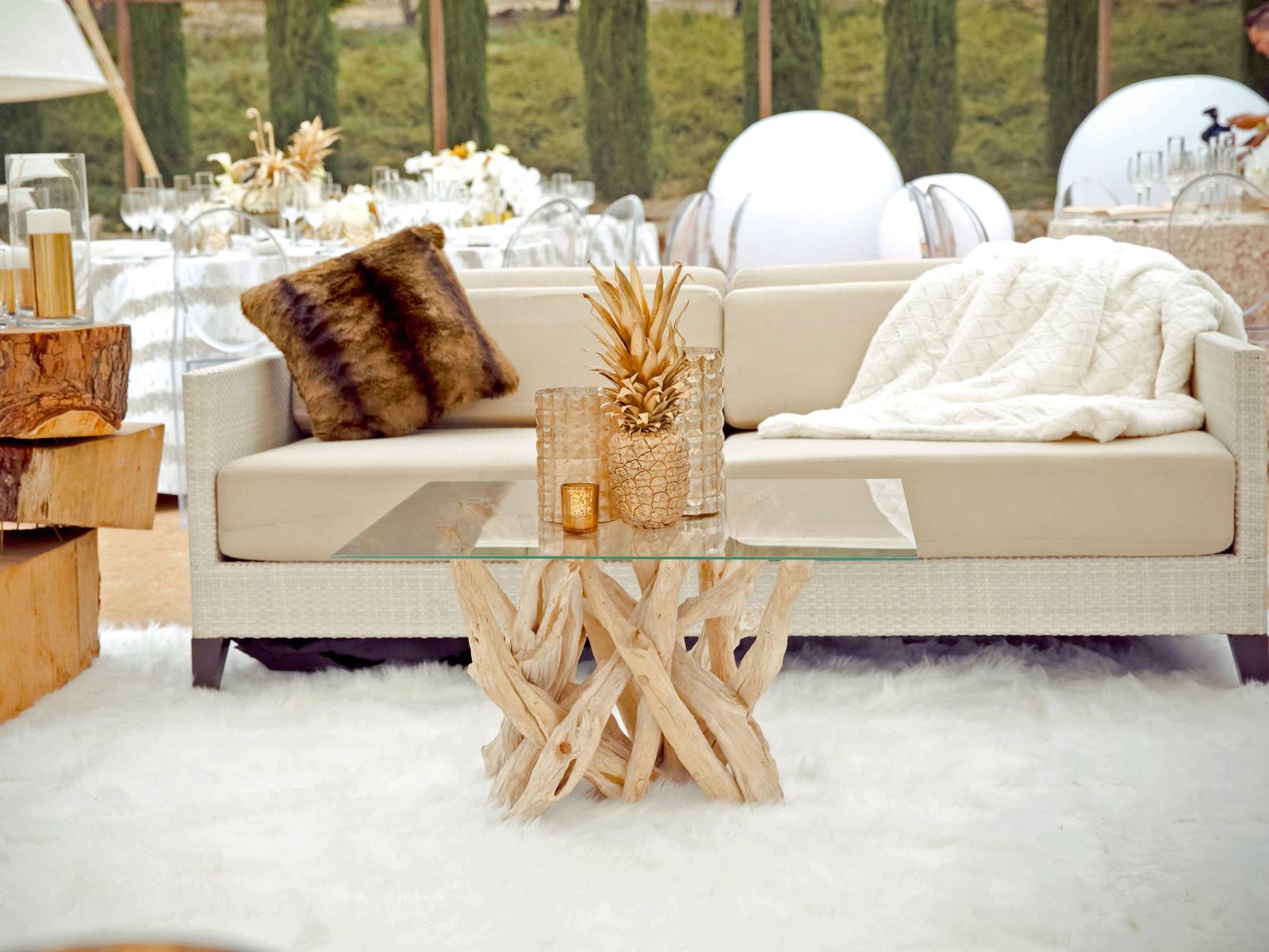 bohemian gold and white fur lounge setting