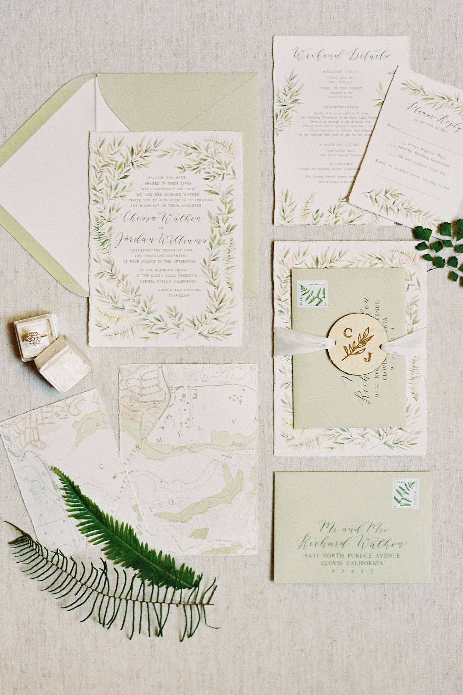 cream and sage green wedding invitation suite