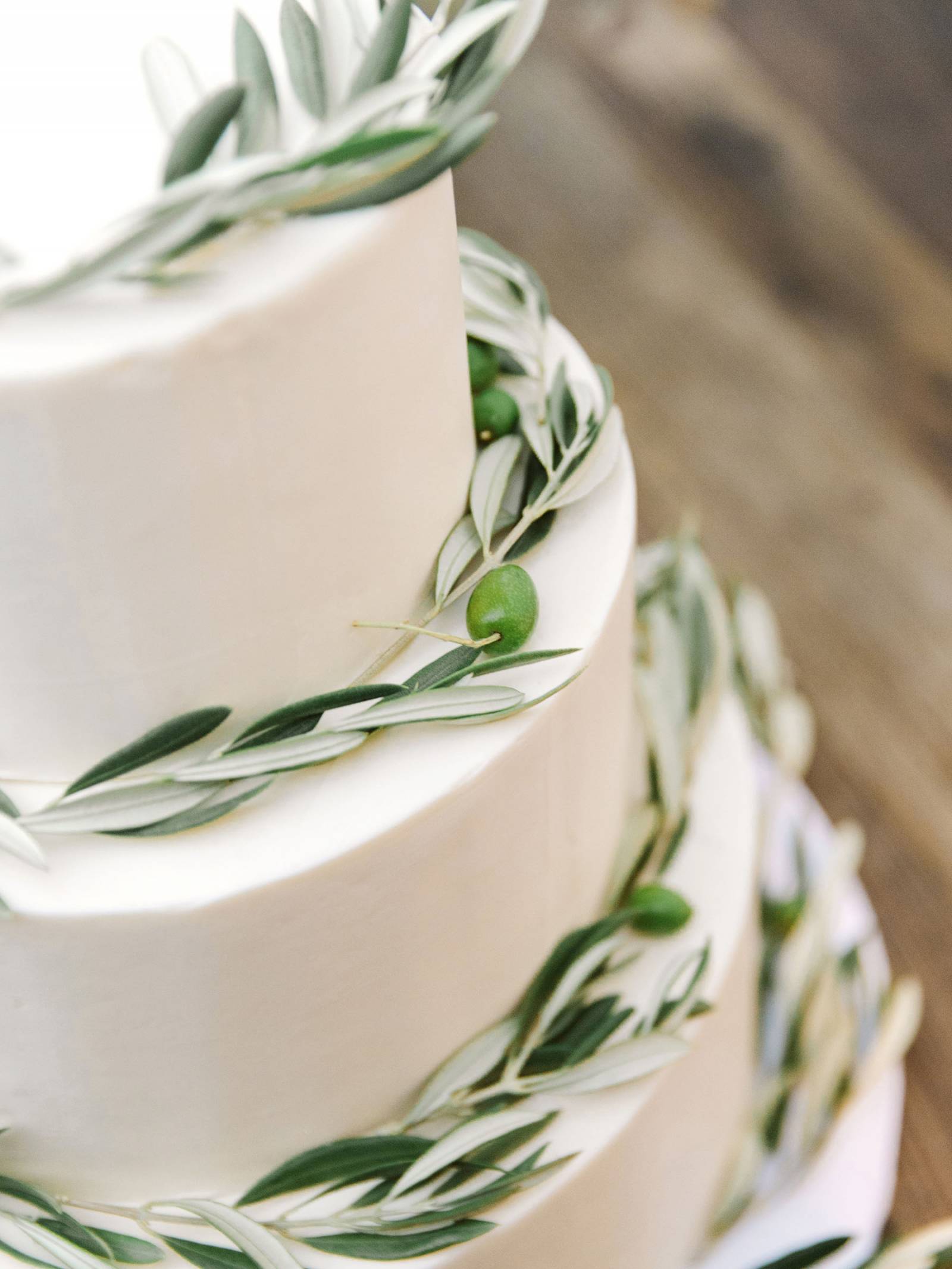 white round tiered cake with olive branch trimmings