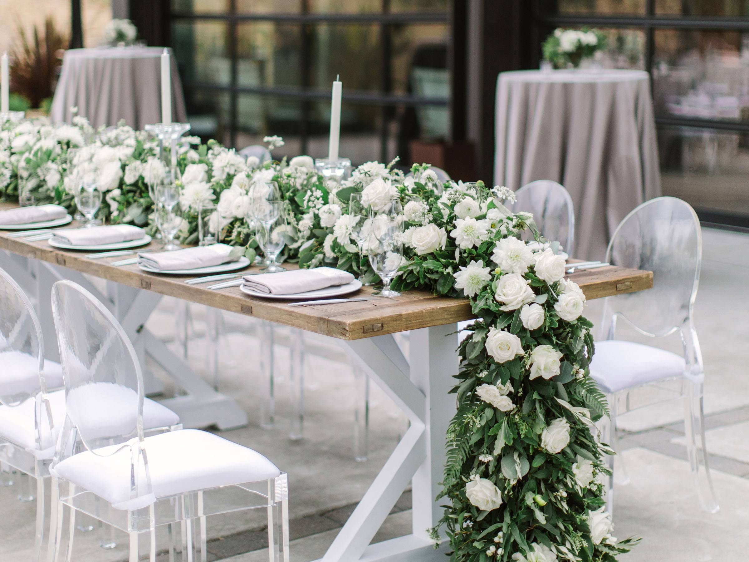 cascading floral runner in white and greenery