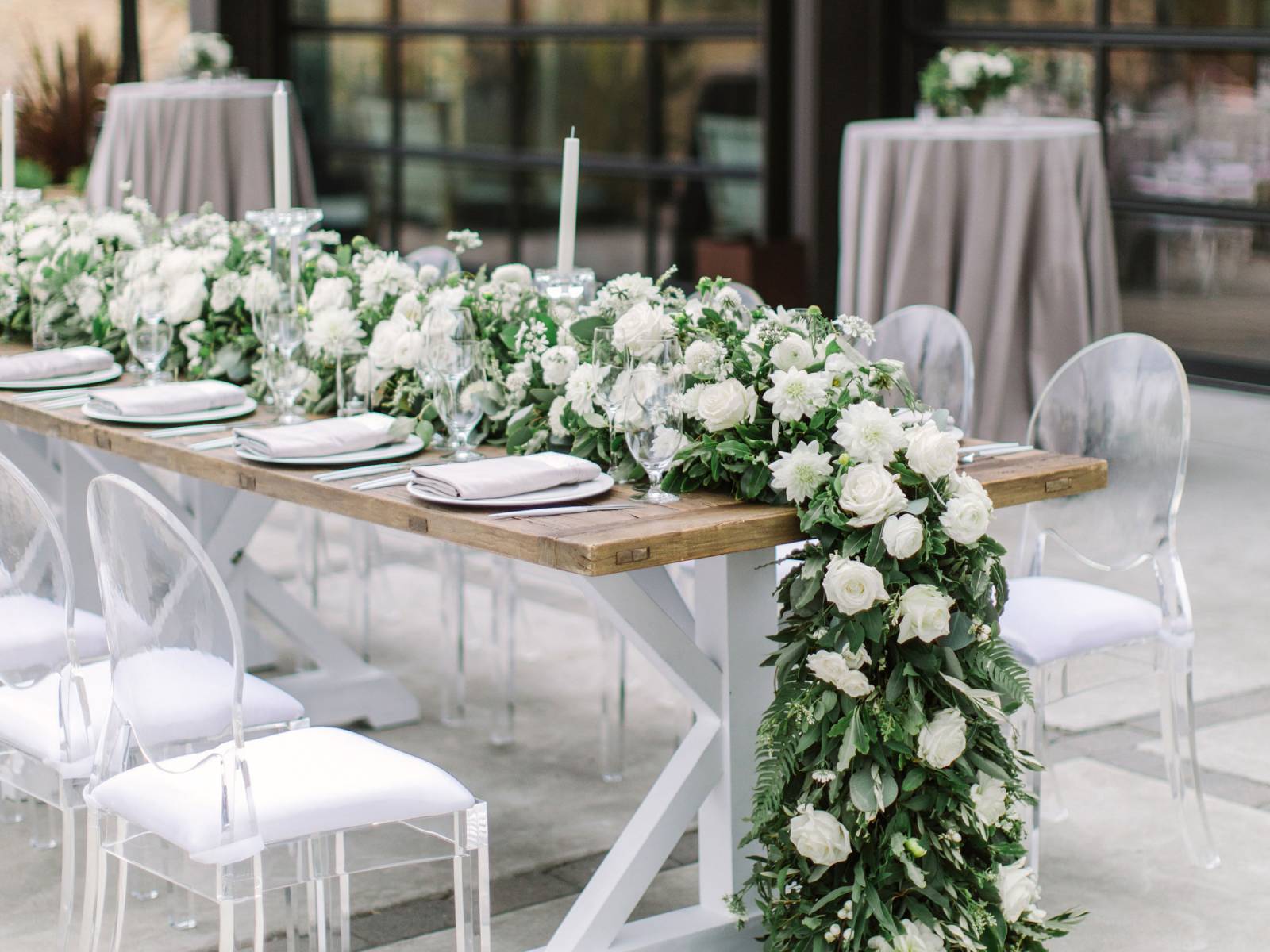 cascading floral runner in white and greenery