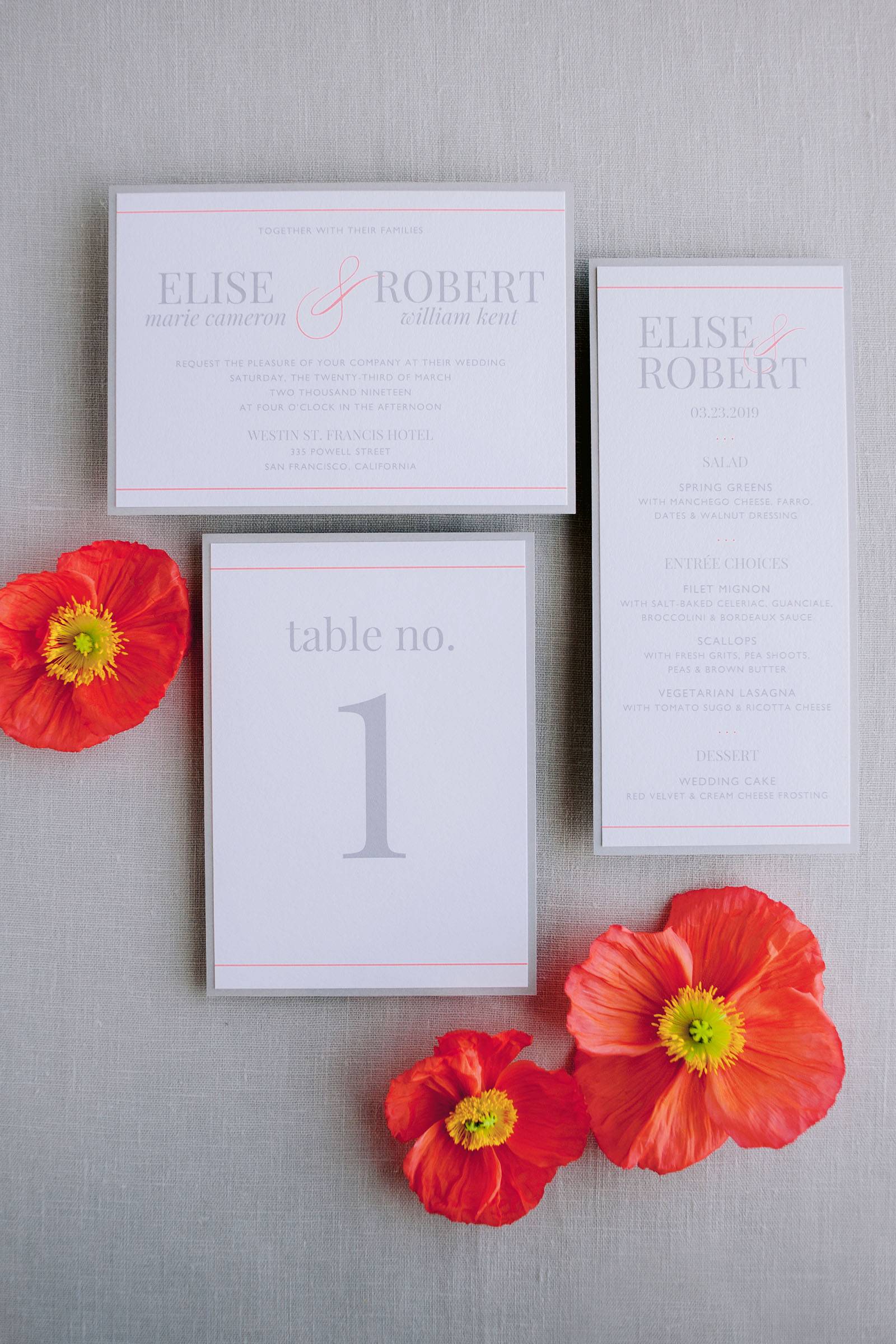 Gray and coral wedding invitations