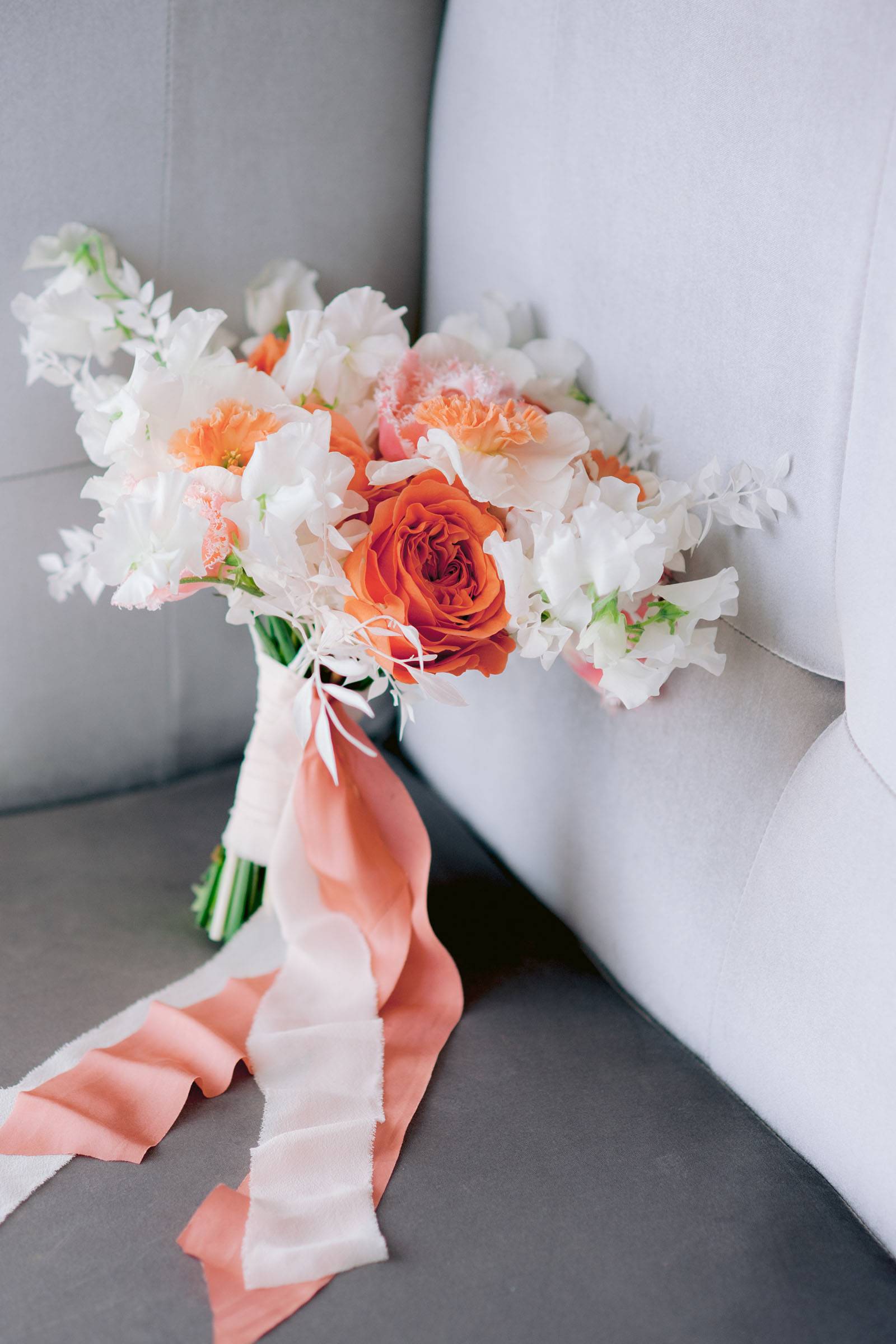 White and living coral bouquet