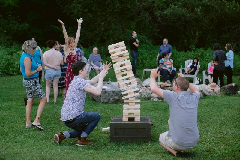 Lawn jenga at wedding welcome party outside