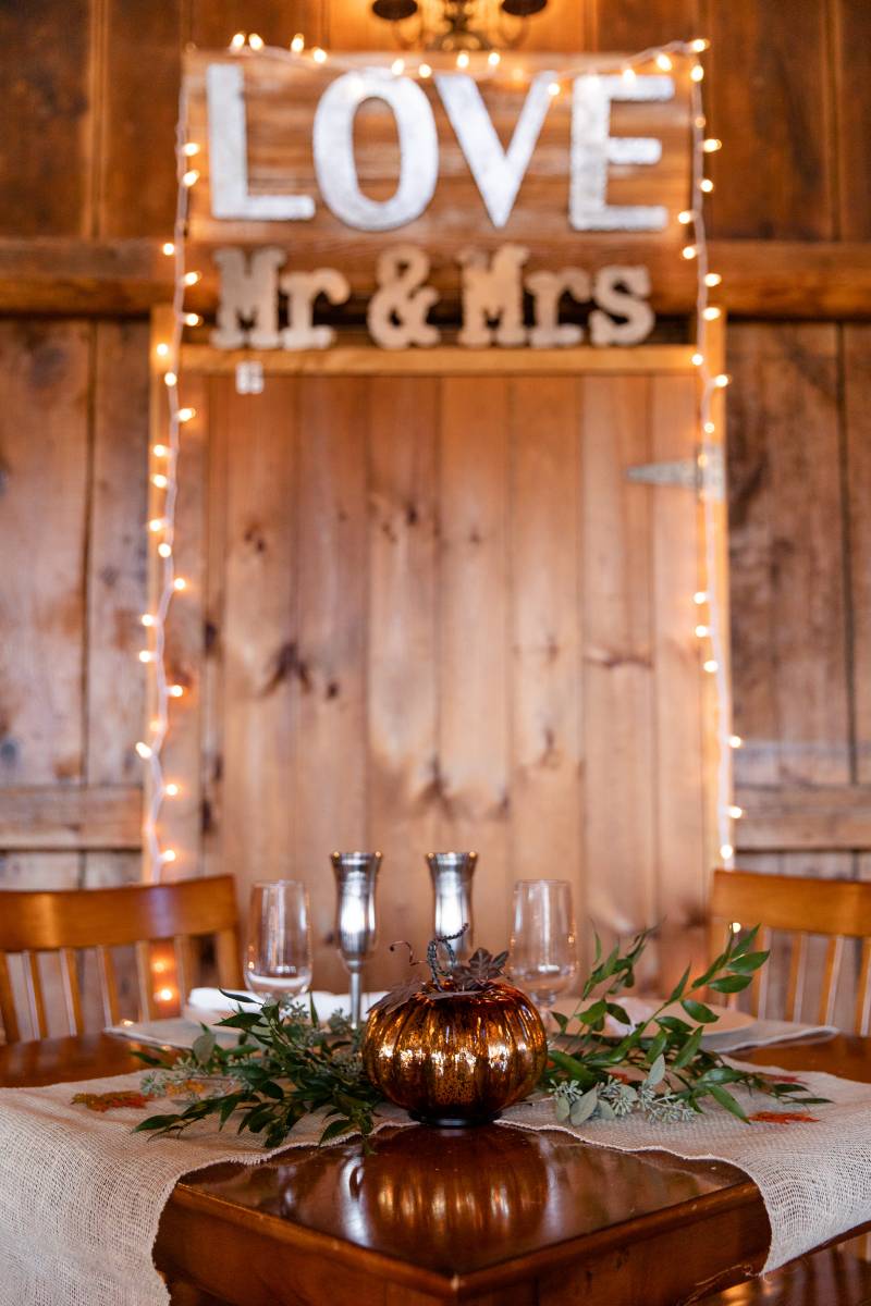 Sweetheart table set for fall wedding at Boyden Farm