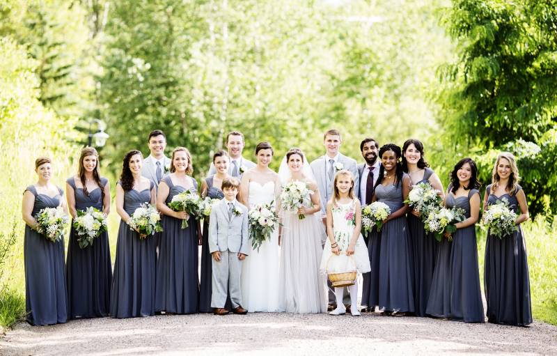 Gray bridesmaid dresses and groomsmen suits wedding party at The Ponds at Bolton Valley for summer V