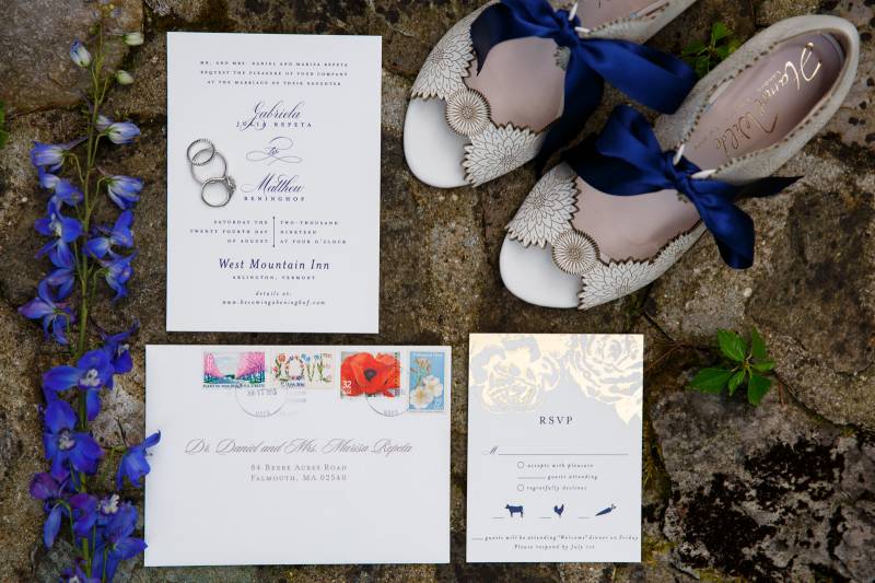 Blue and white wedding invitation suite