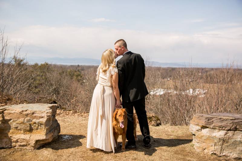 Couple with dog wedding portrait in Ethan Allen Park during spring elopement