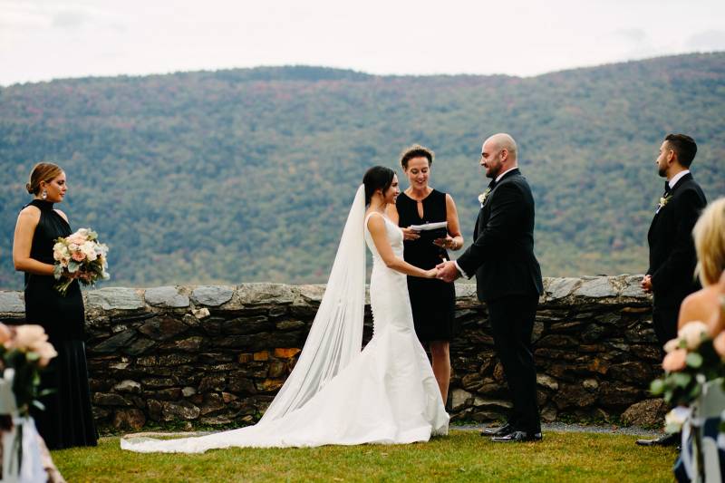 Mountain views during outdoor fall wedding ceremony at Hildene in Manchester Vermont