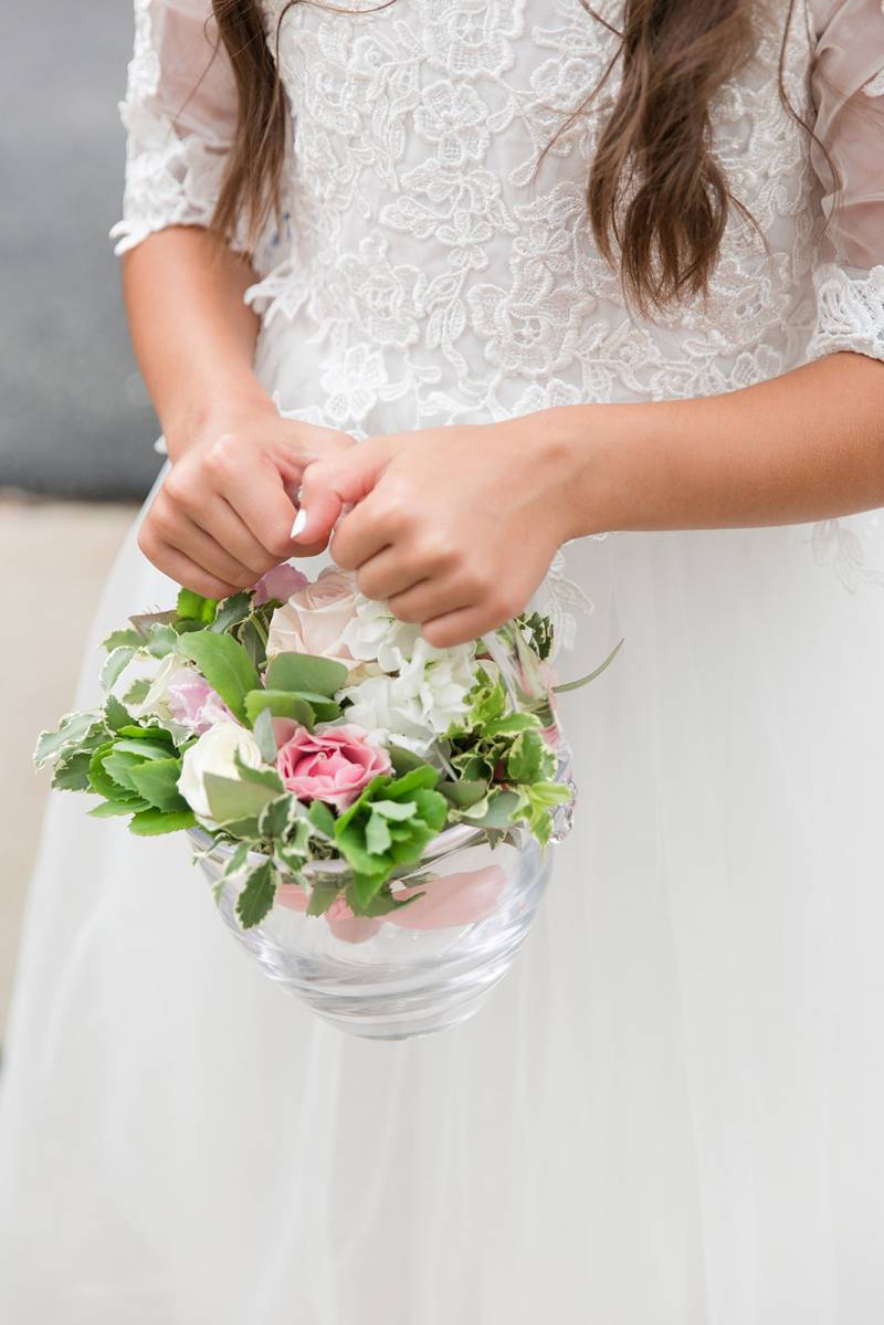 Simon Pearce glass flower girl basket for Vermont wedding
