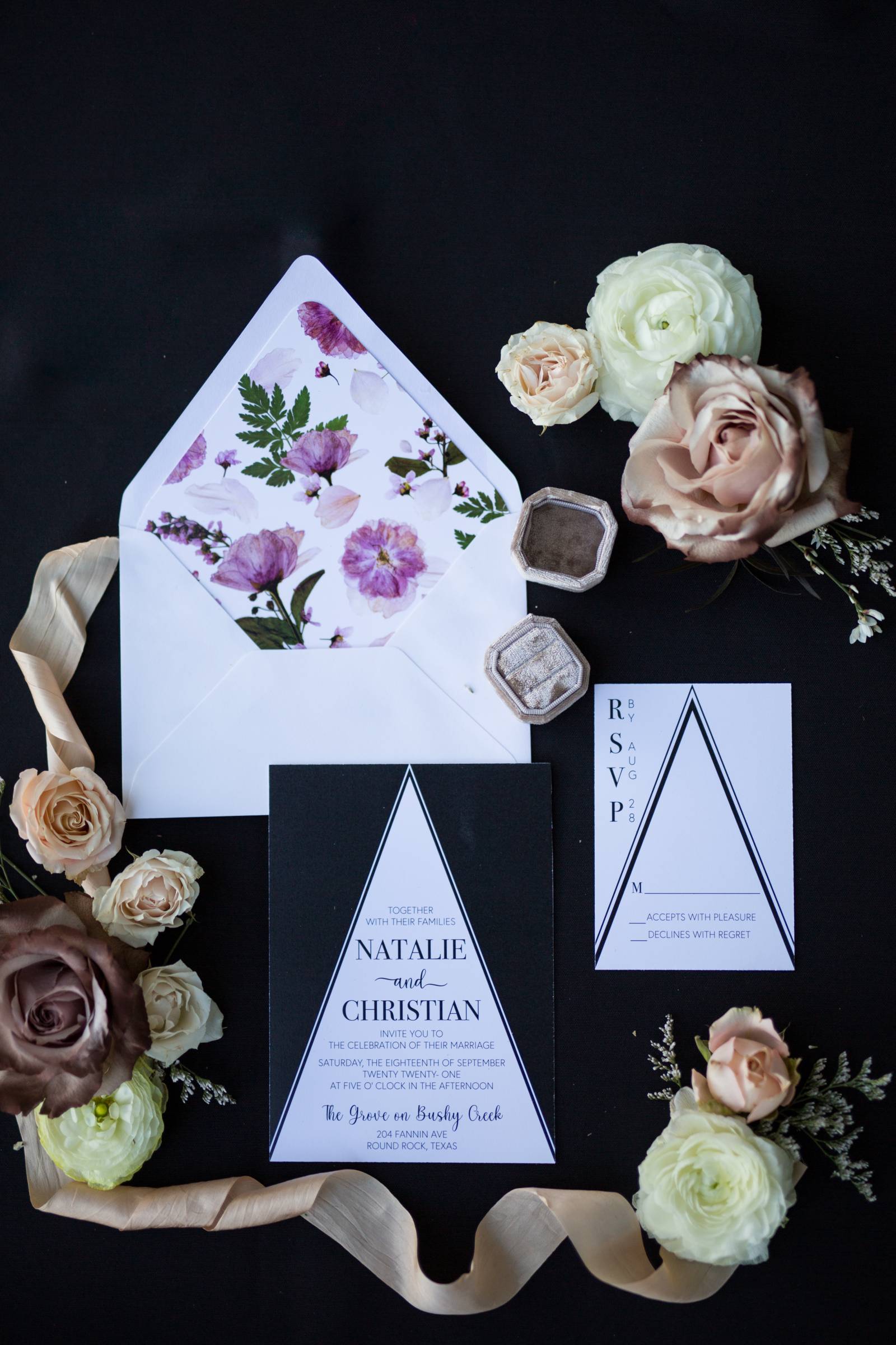 Black stationery with pink floral
