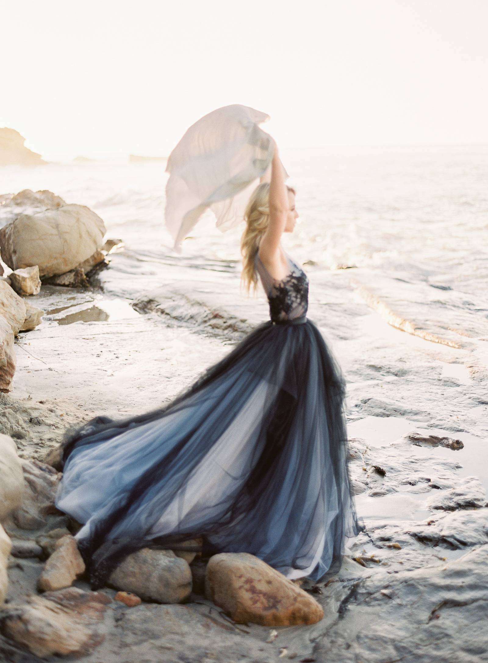 Sunrise Beach Shoot with a stunning indigo gown | California bridal ...