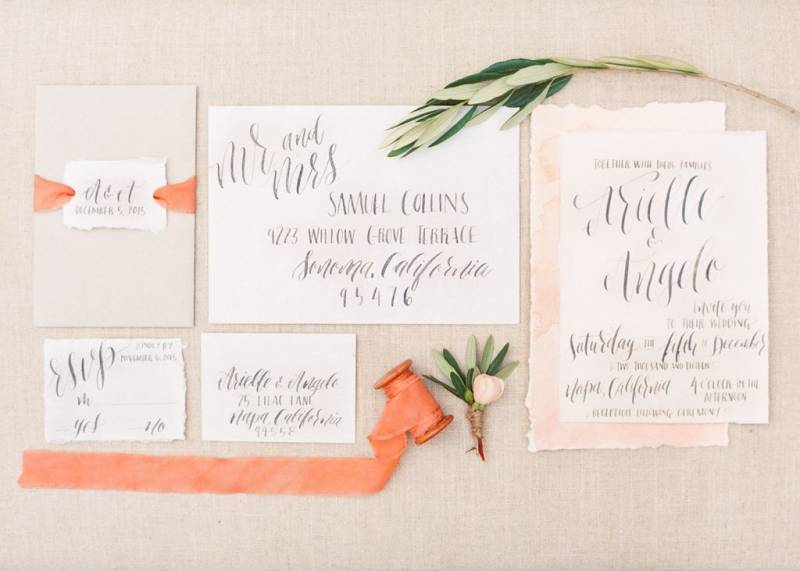 Grey and peach wedding invitation