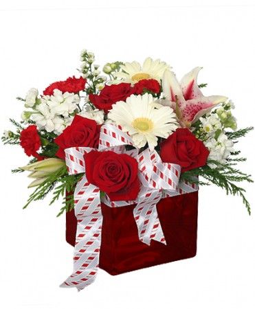 Christmas Ribbon and Roses Bouquet - Christmas Flowers by In Full Bloom Winnipeg