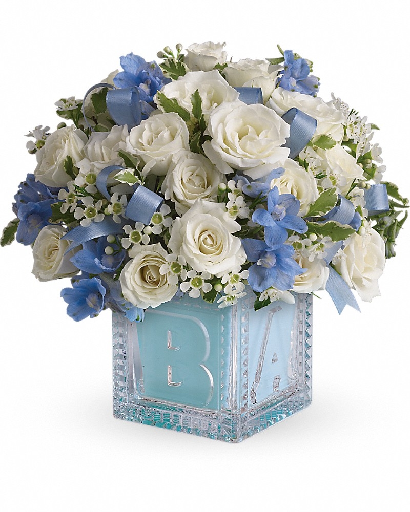 Baby's First Block - Blue Bouquet - New Baby Flowers by In Full Bloom Winnipeg