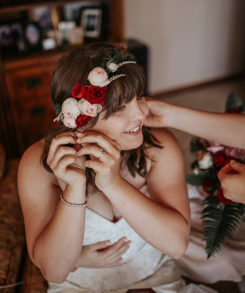 Red and Pink Flower Crown // Gorgeous Thrifted Coastal Wedding in Grayland, Washington