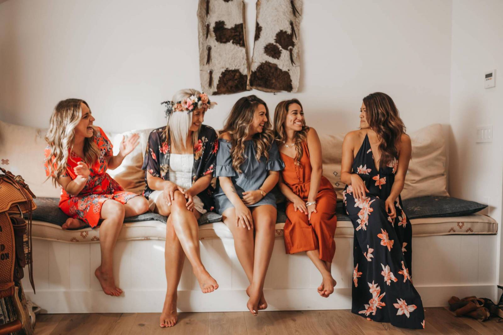 flowers, orange, dress, friends