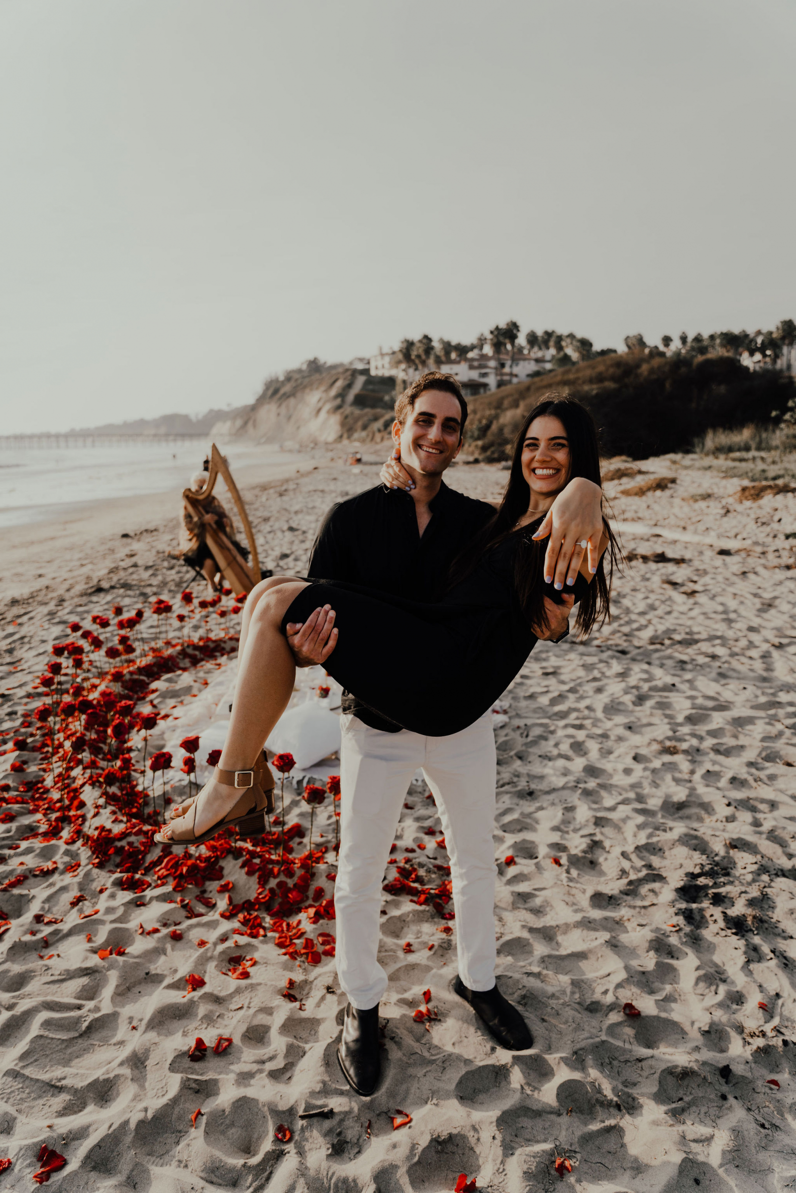 beach, engagement, roses, ring, pillows