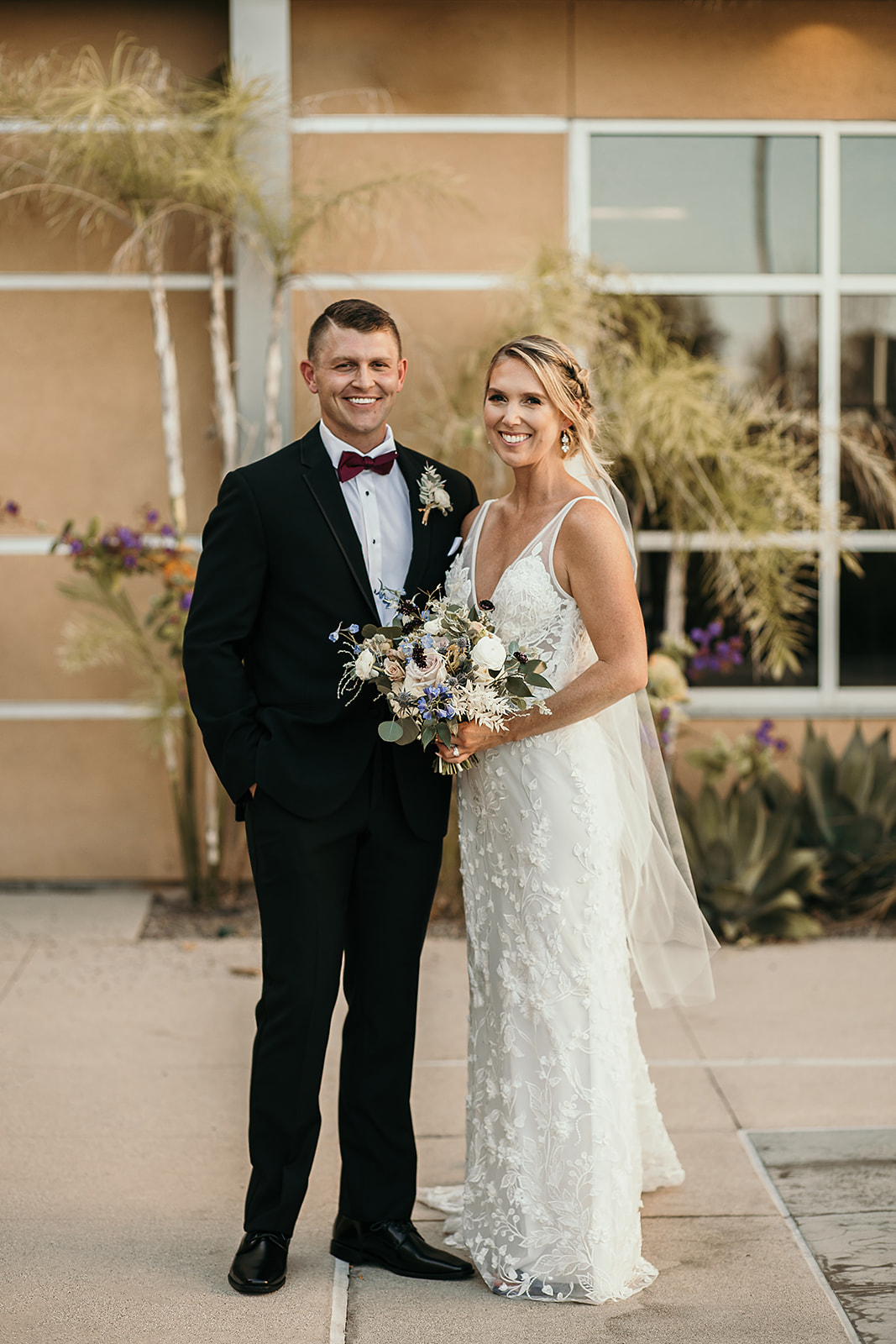 bride, groom, bouquet, dress, tux, suit