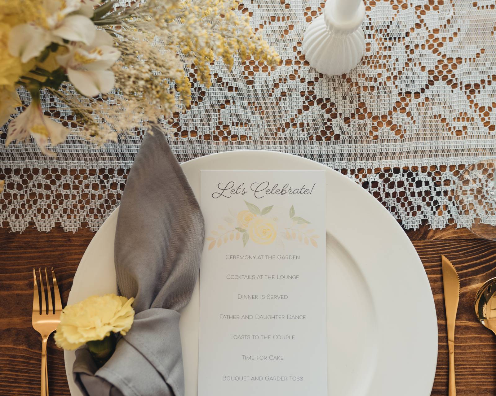 Table, setting, napkin, menu, runner, flowers