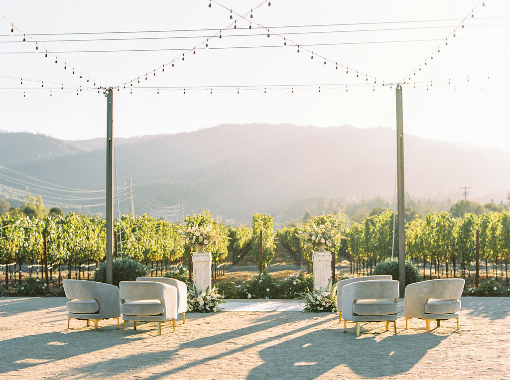 ceremony, alter, vineyard, chairs, lights, string lights