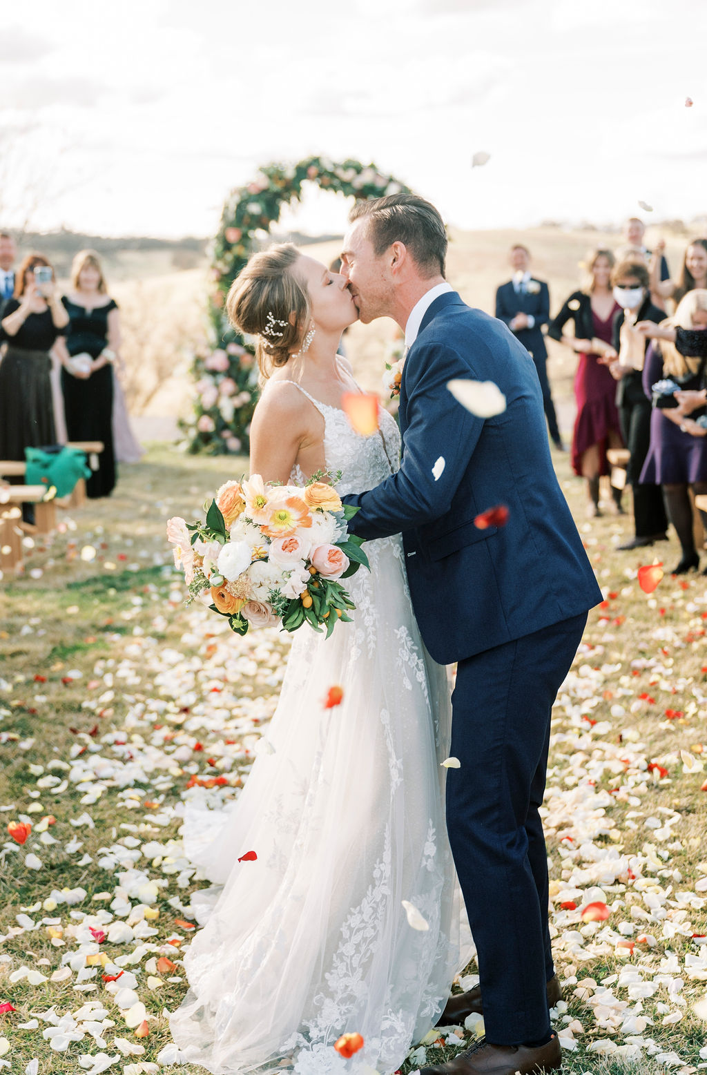 bride, groom, dress, alter, flowers, ceremony, kiss