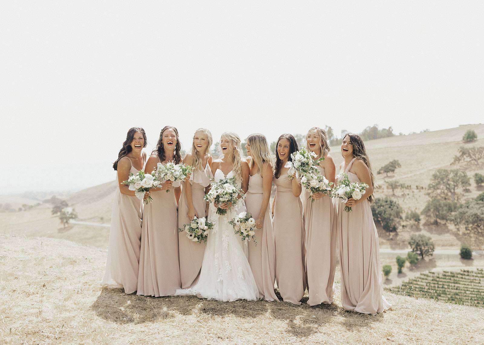 bride, bridesmaids, bouquets, dresses
