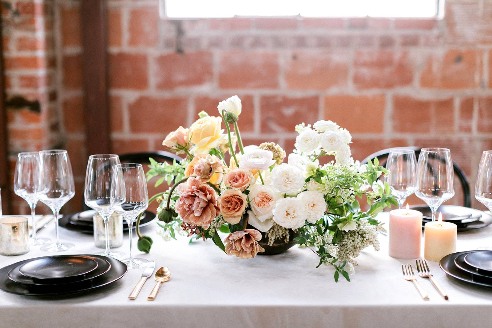 flowers, wine, linen, table, reception, setting, urban, brick