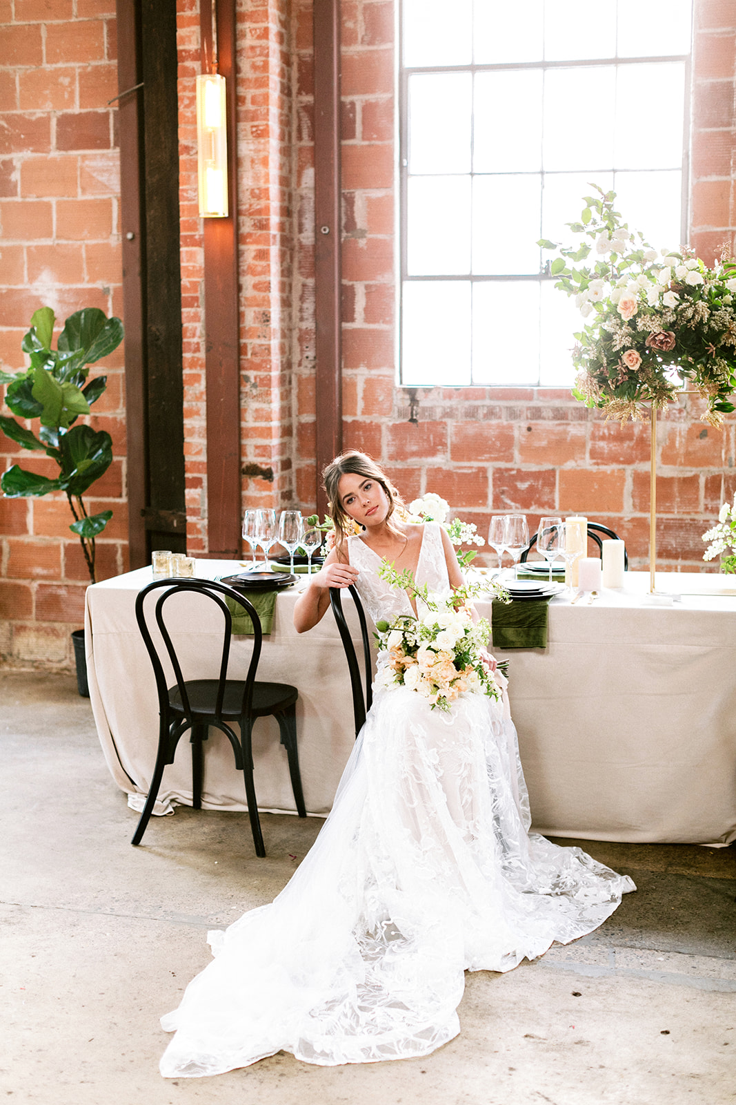 bride, gown, bouquet, flowers, urban, reception