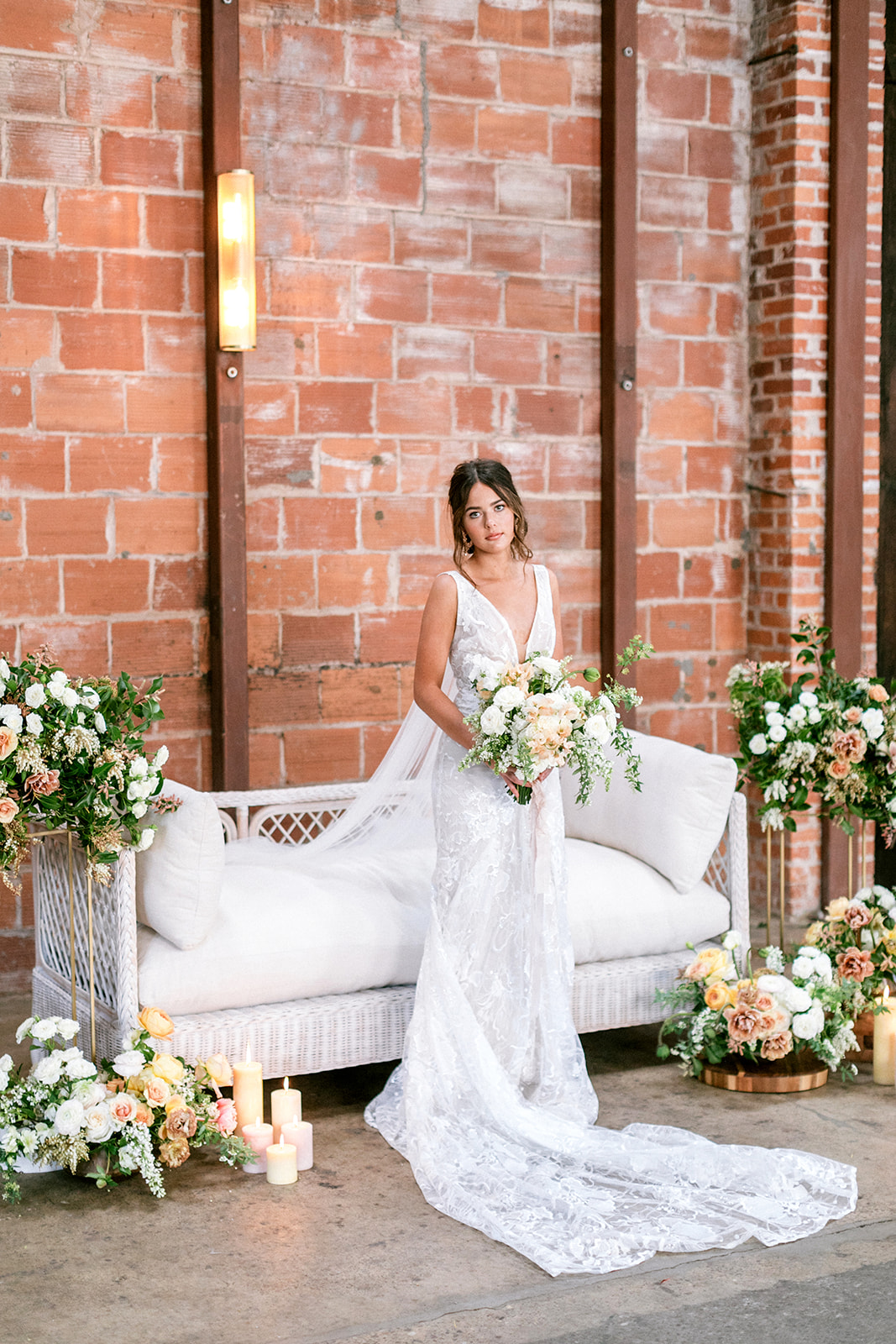 lounge, bride, gown, flowers, candles, bouquet