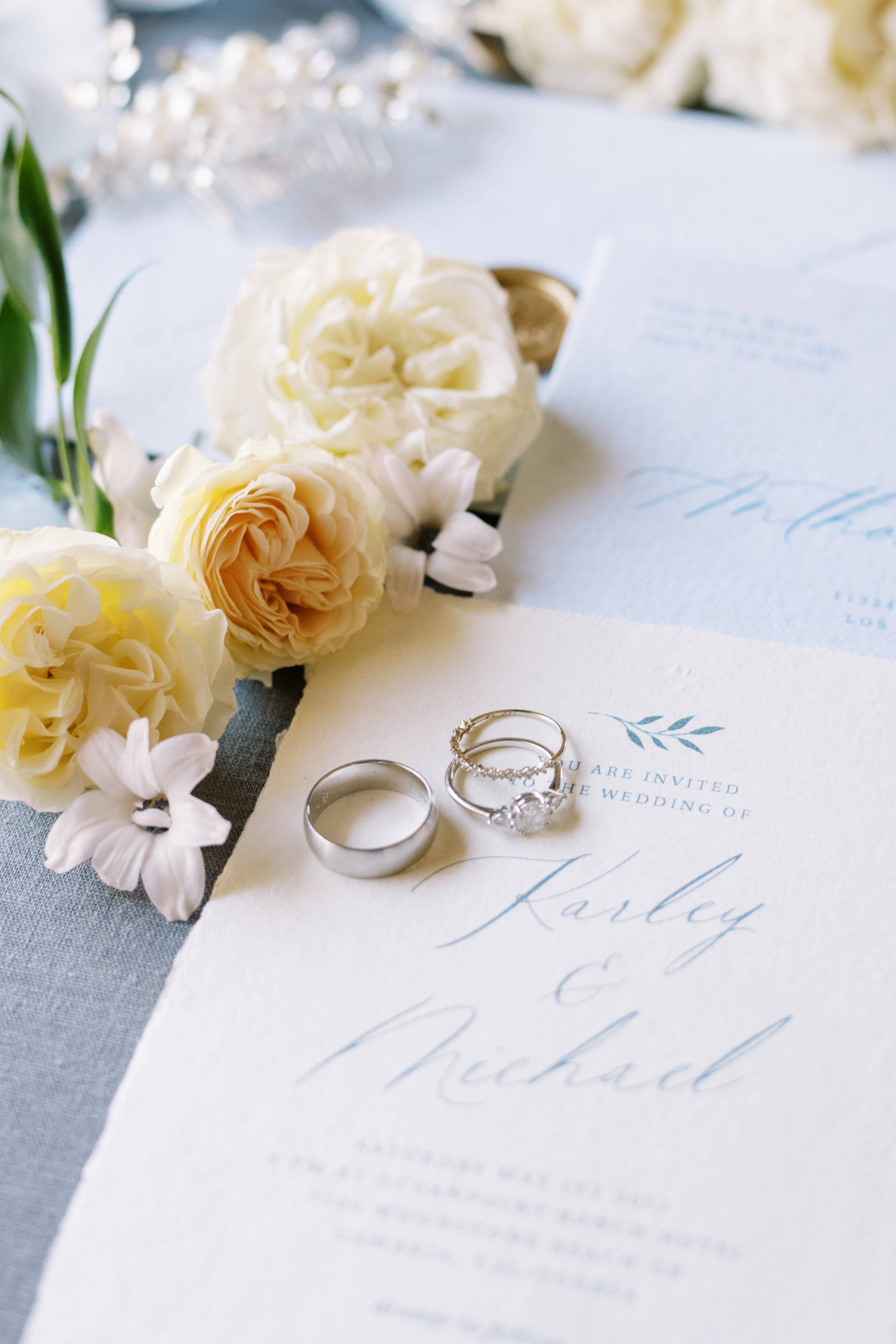 paper, stationery, rings, flowers