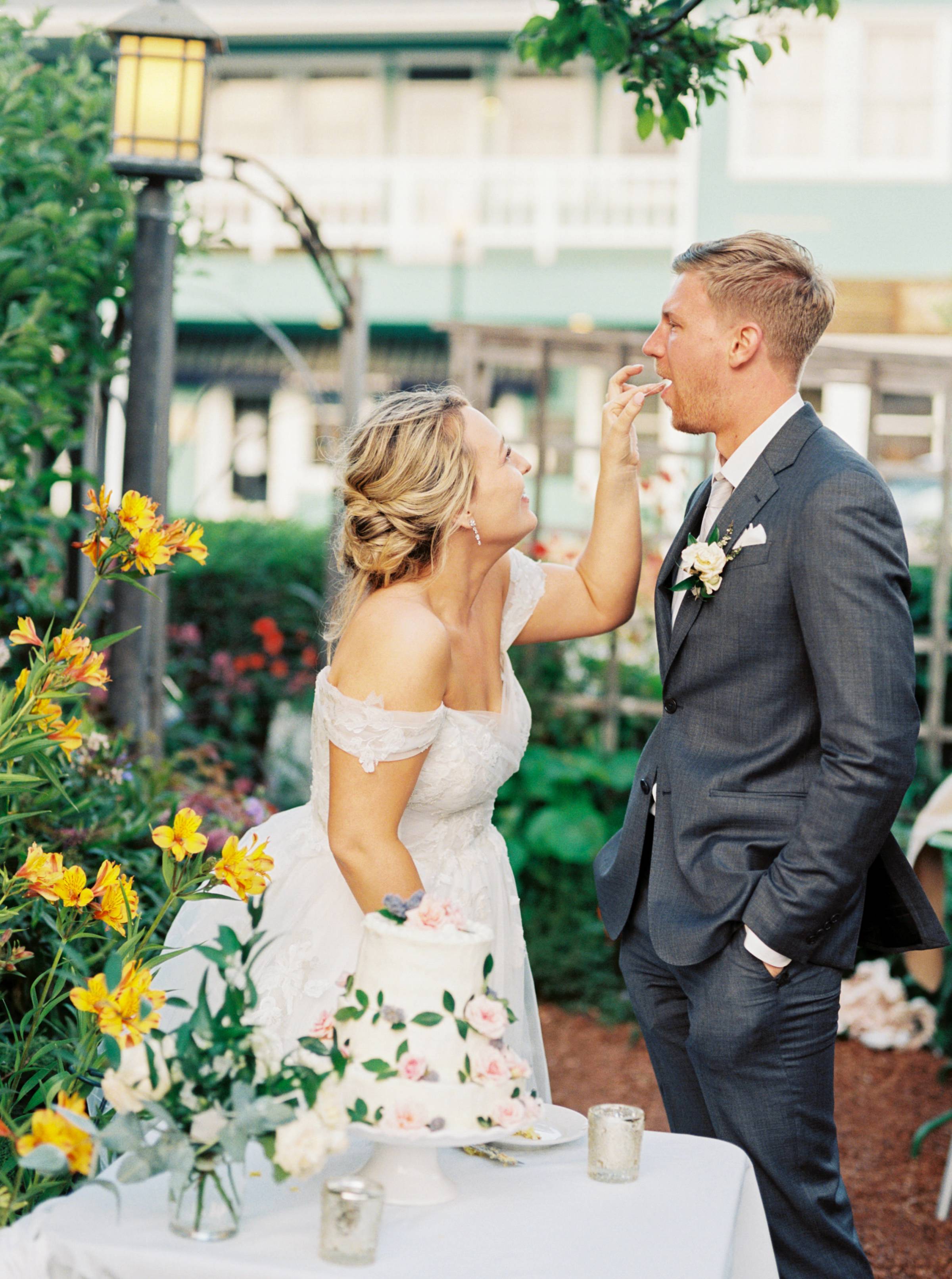 bride, groom, dress, suit, cake