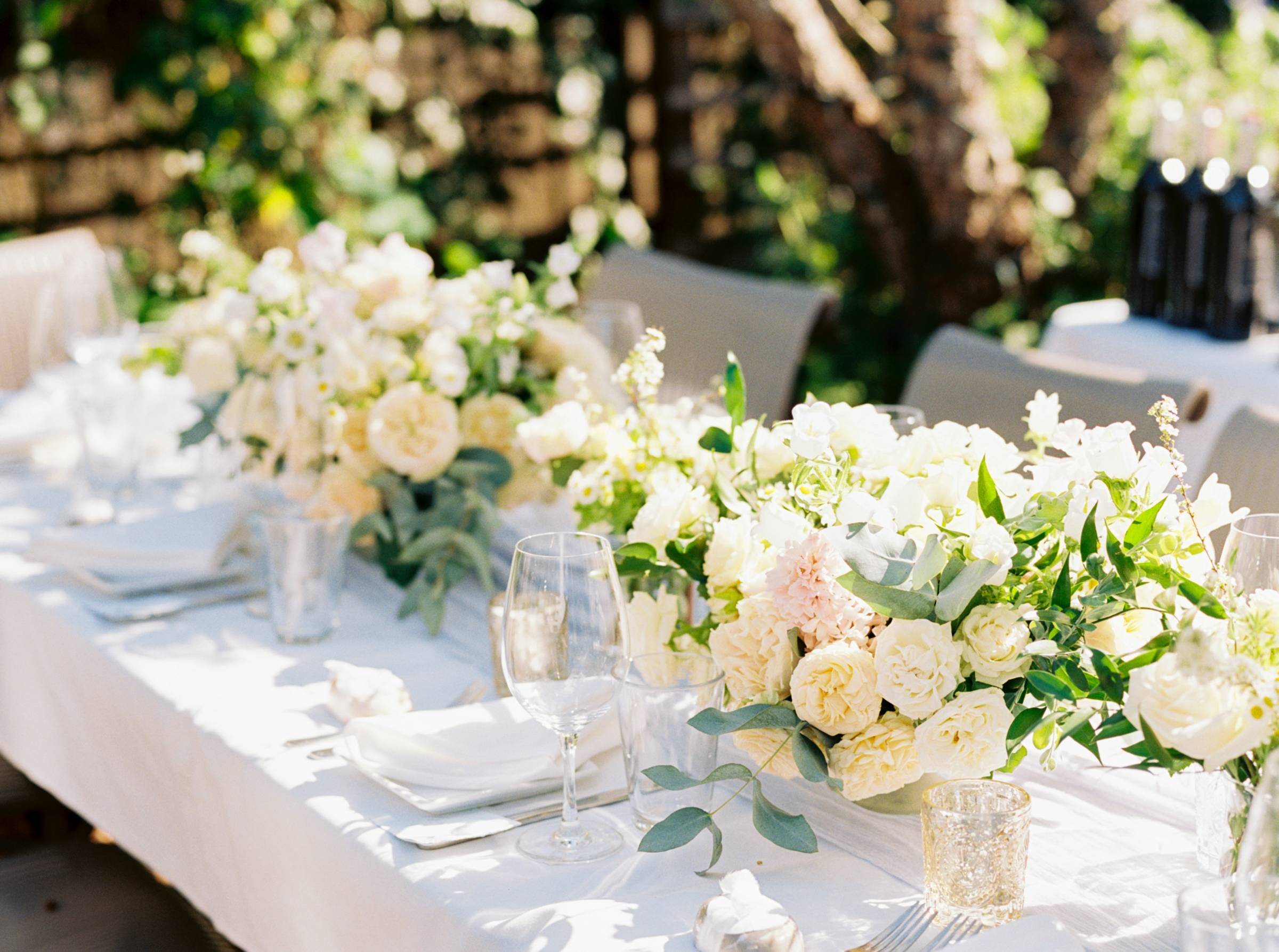 table, setting, flowers, centerpiece, glasses, votives