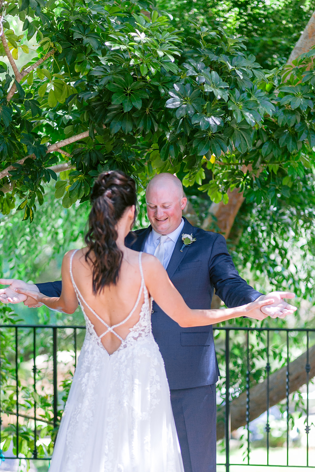 bride, groom, first look, gown, dress, suit, hair