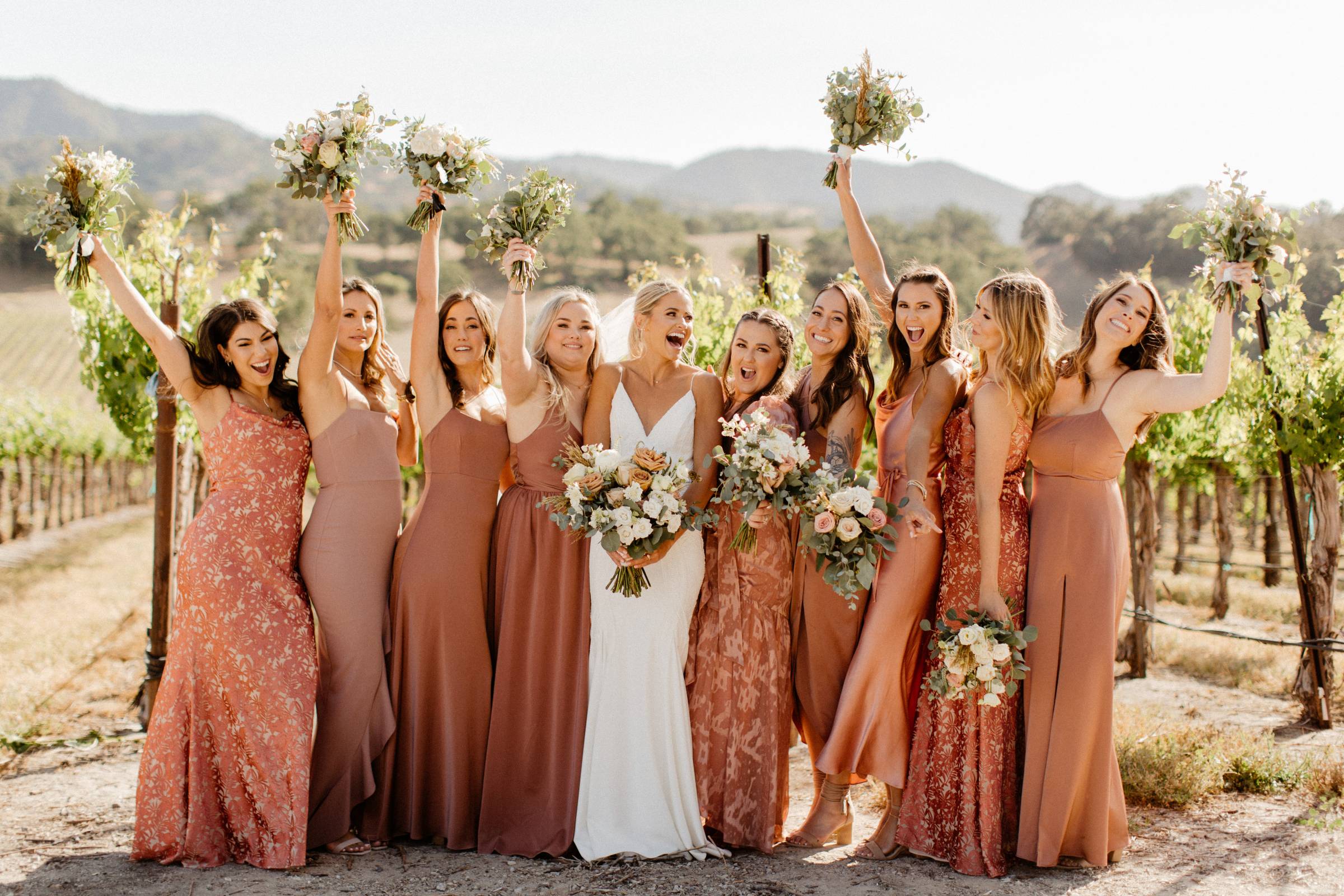 bride, bridesmaids, dress, gown, flowers, bouquet