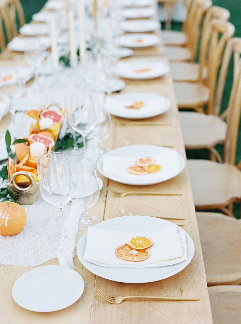 citrus, reception, dinner, setting, table